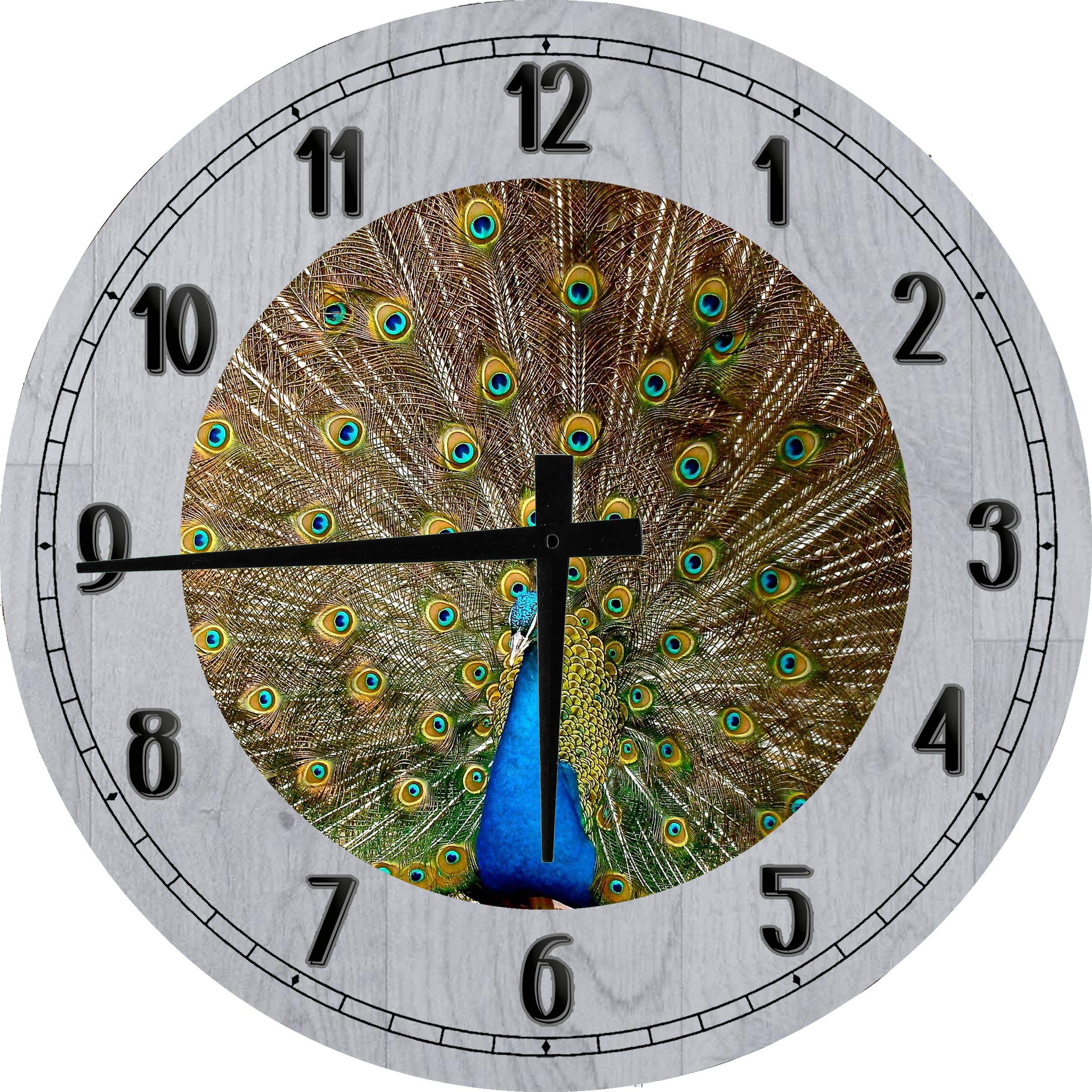 12 Inch Gray Peacock Feather Wall Art - Large Round Wood Wall Clock Decor for Living Room, Bedroom, Office | Unique Home Décor Gift Idea