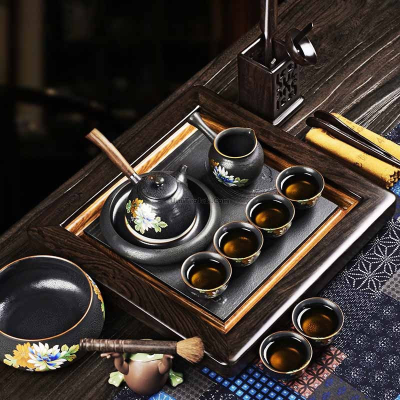 Premium Iron Tea Set with Ebony Tea Tray - Traditional Chinese Gongfu Tea Ceremony Set for Home, Office & Gift Giving
