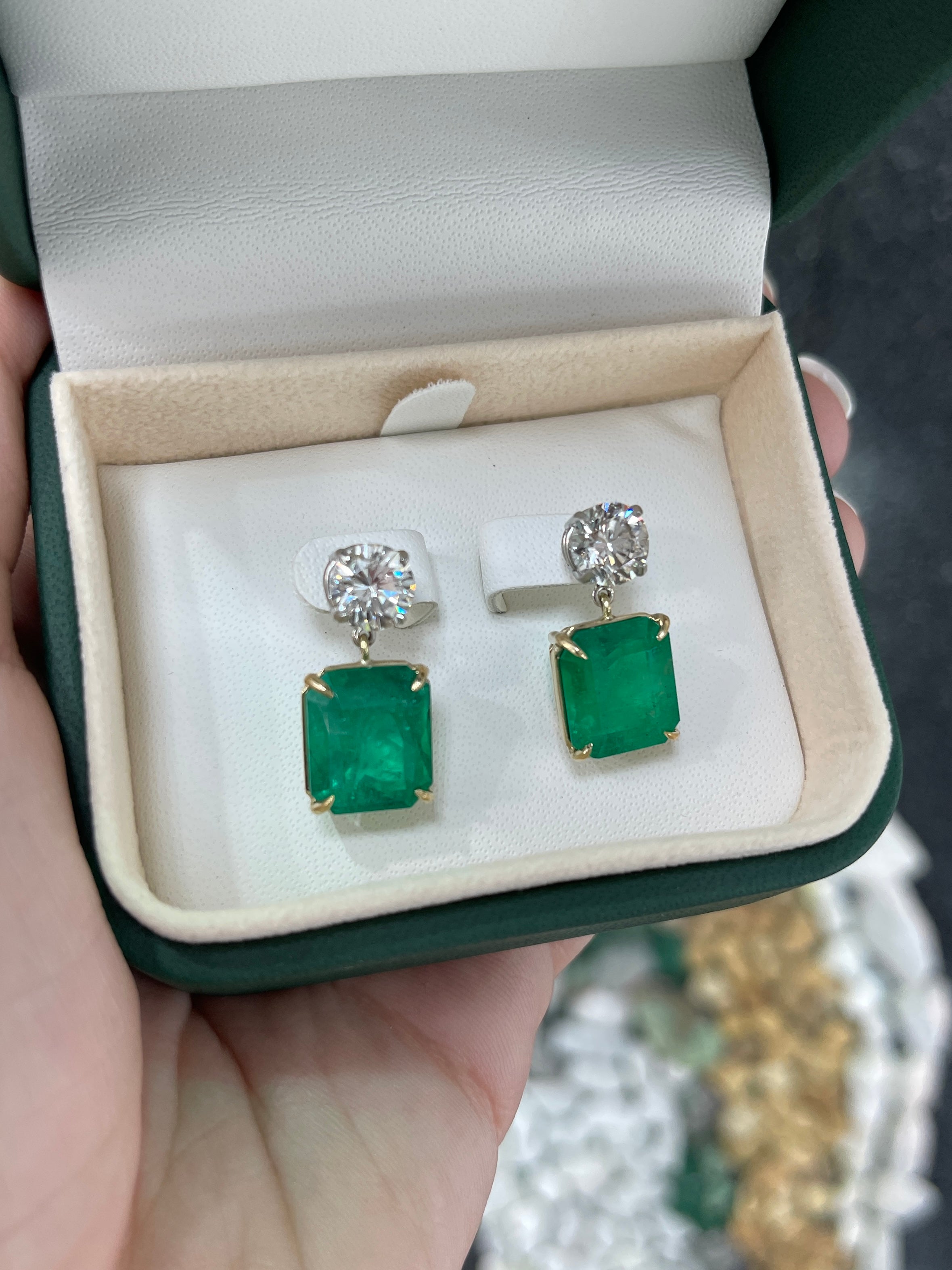 17.72tcw AAA+ Natural Emerald & Diamond Dangle Earrings in 18K Gold/Platinum - Luxury Wedding Jewelry & Evening Party Accessories