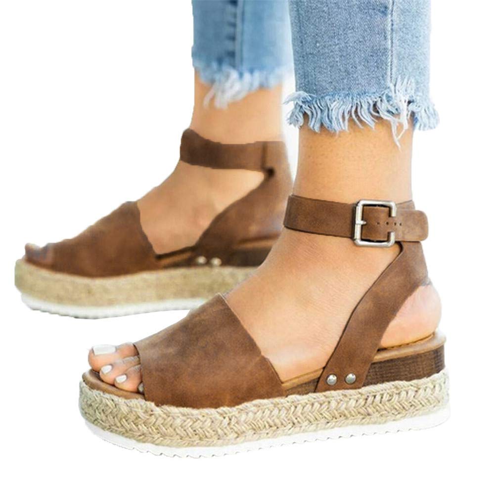 Women's Wide Width Wedge Sandals with Ankle Buckle - 2020 Fashion Summer Beach Sandals, Open Toe Espadrille Platform Shoes for Casual Outings & Vacation Wear