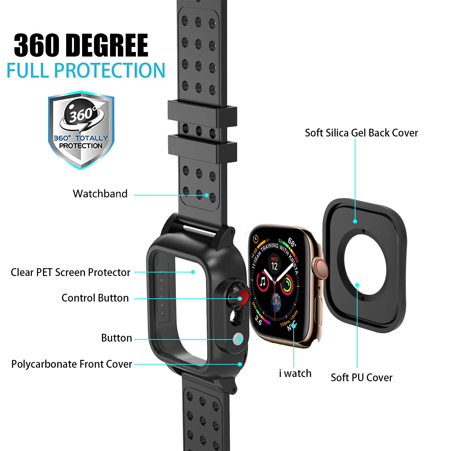 Waterproof Case for Apple Watch Series 3/2 (38mm) - Full Body Protection with Built-in Screen Protector | Shockproof, Scratch Resistant, Impact Proof | Perfect for Swimming, Running & Outdoor Activities