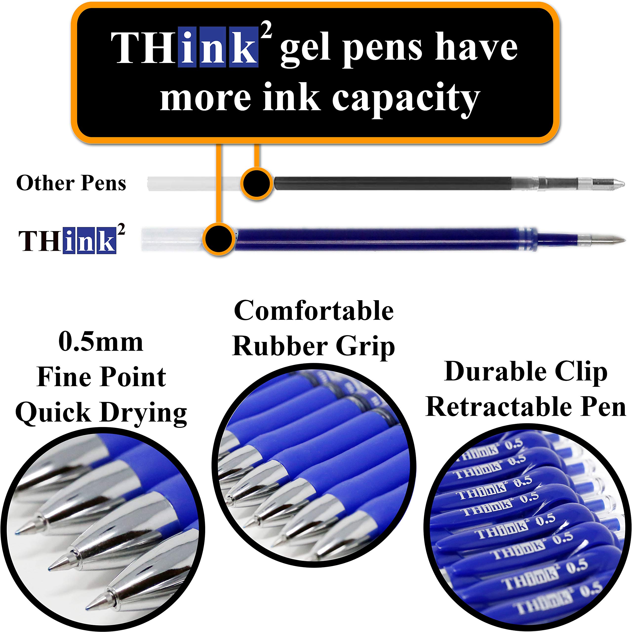 Think2Master 24 Pack Retractable Gel Pens - Blue Ink, Fine Point 0.5mm Rollerball Pens with Comfort Grip for Smooth Writing - Perfect for Office, School, Note Taking & Journaling