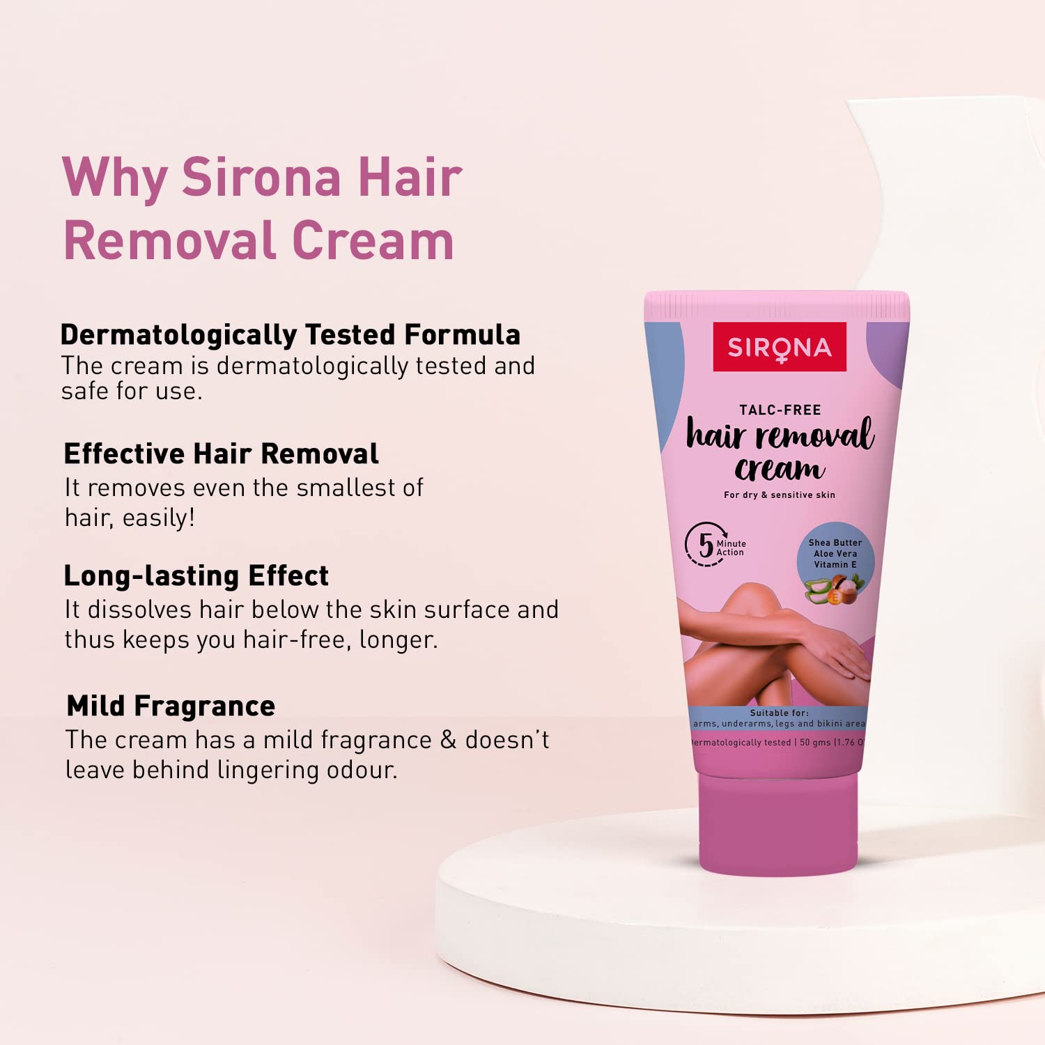 Sirona Hair Removal Cream for Women - Bikini, Underarms & Legs - Dermatologist Tested for Sensitive & Dry Skin - 50g (1 Pack) | Painless Hair Removal at Home, Smooth Skin for Summer & Beach Wear