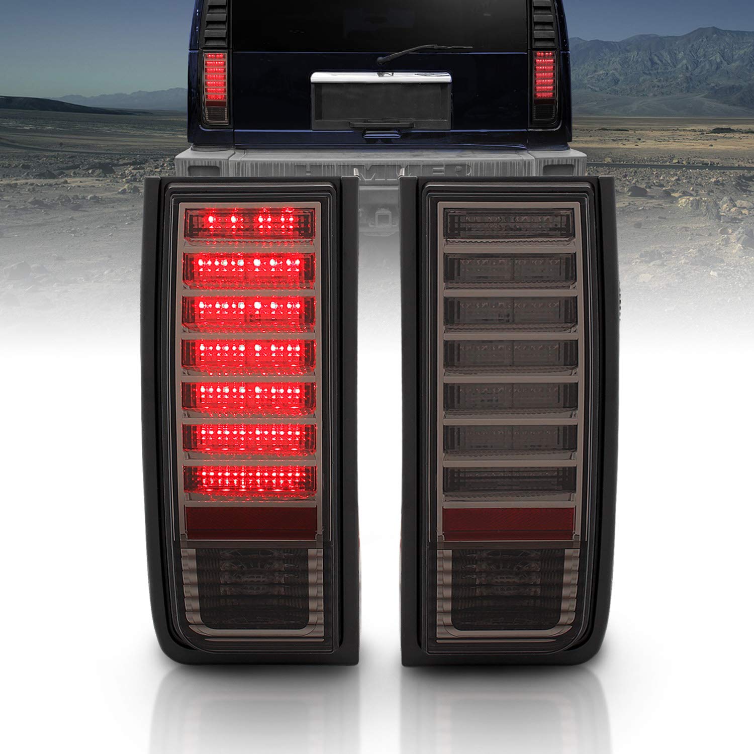AmeriLite LED Tail Lights Replacement for Hummer H2 - Left & Right Side Smoke Lens - Enhanced Visibility & Style for Off-Road Adventures & Night Driving