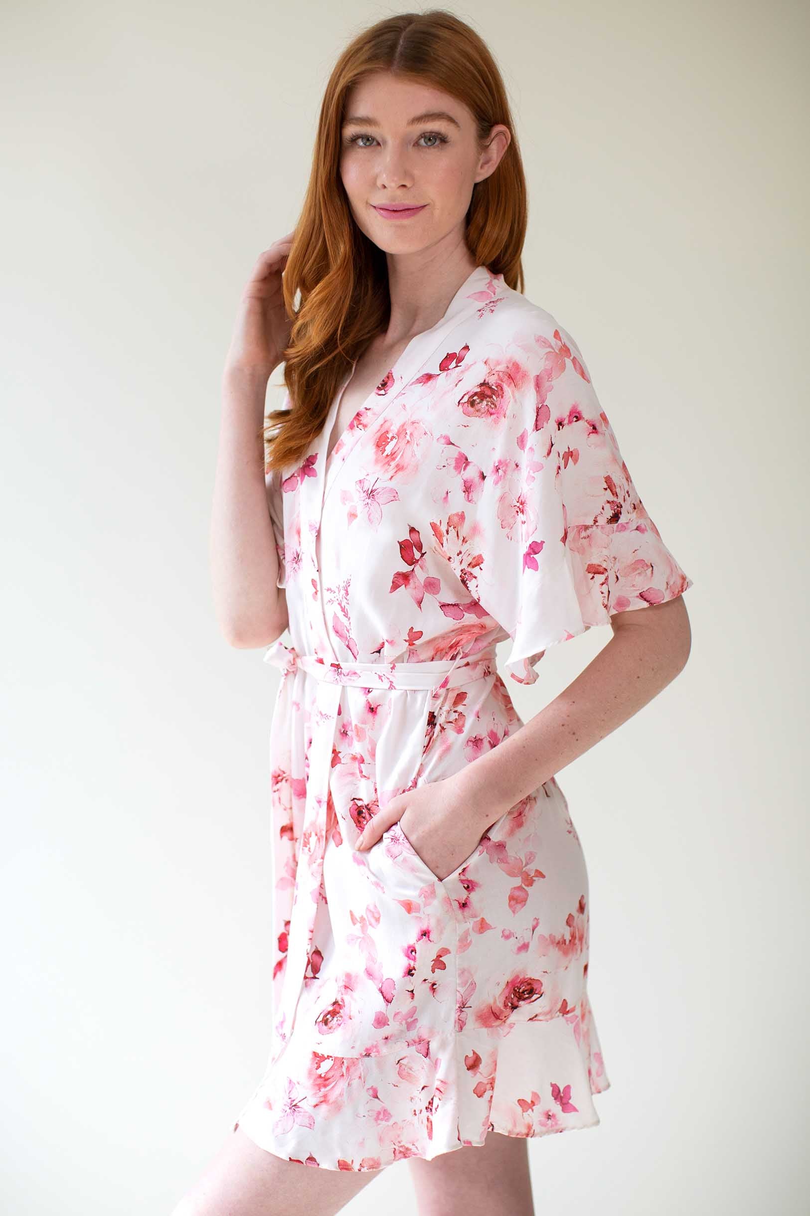 Botanical Love Flounce Robe in Pink Floral - Elegant Loungewear for Women, Perfect for Spa Days, Bridal Showers & Relaxing at Home