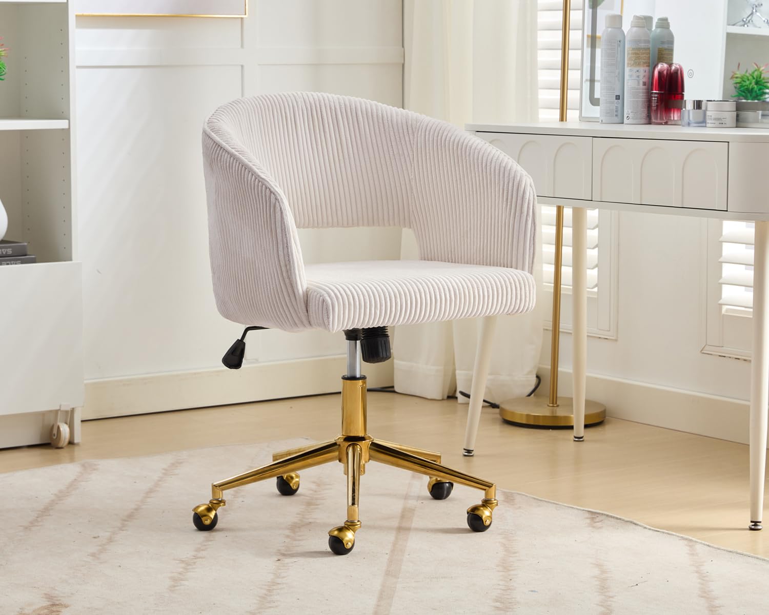 Ergonomic Swivel Office Chair with Corduroy Upholstery & Gold Base - Modern Tufted Desk Chair for Women, Girls, Home & Study - Comfortable Computer Task Stool for Living Room, Bedroom & Home Office (Beige)