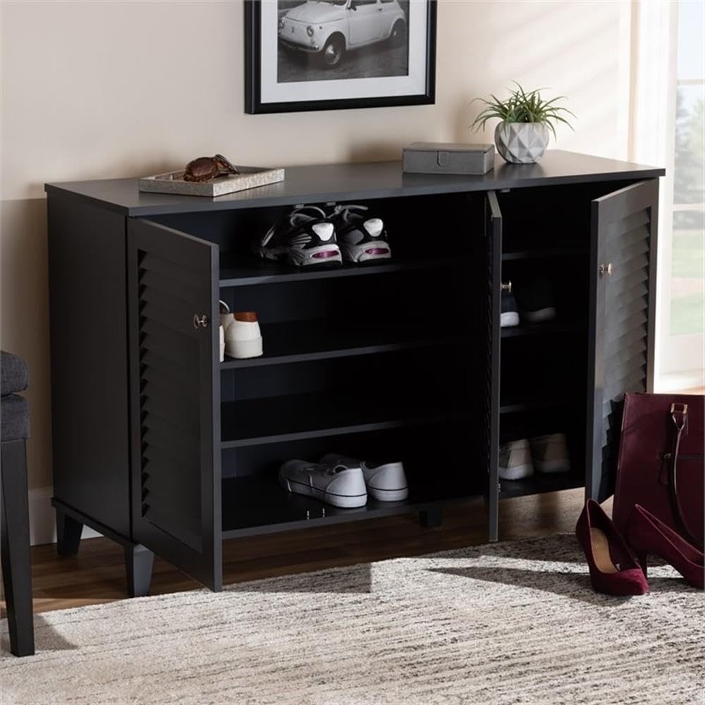 Baxton Studio Coolidge Modern 8-Shelf Shoe Storage Cabinet - Dark Grey Wooden Organizer for Entryway, Closet & Bedroom Shoe Display
