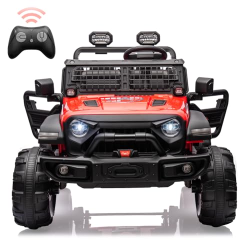 GARVEE 24V Electric Ride On Truck for Kids - 2 Seater Remote Control Car with LED Lights, Music & Horn, Large Storage Space & Cup Holder - Toddler Toy Vehicle for Ages 3-8 (Red) | Perfect for Outdoor Play, Birthday Gifts & Family Fun Activities