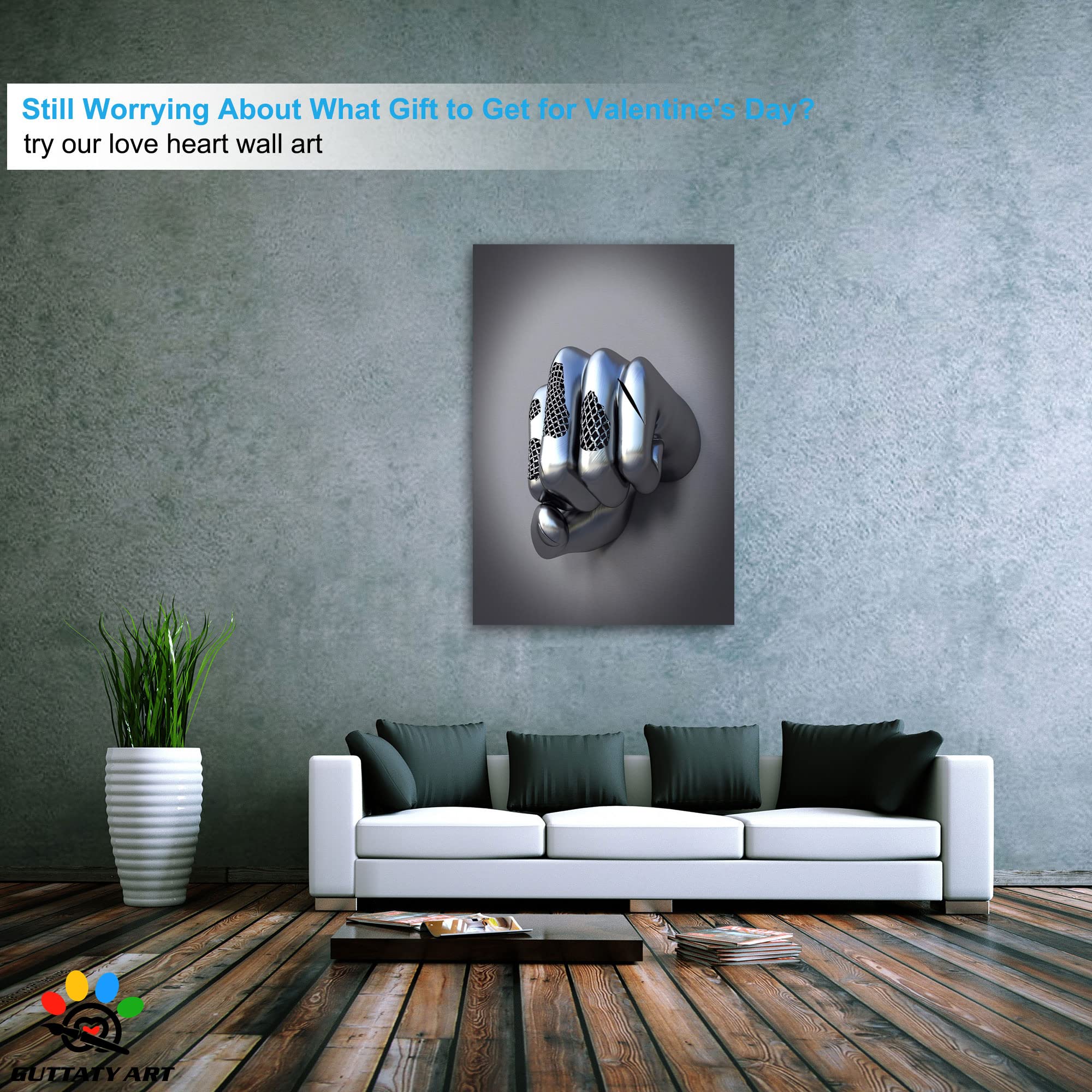 3D Metal Effect Fist Canvas Wall Art - Modern Silver Framed Wall Decor for Living Room & Bedroom - Valentine's Day Gift for Men - 32x48 Inches - Perfect for Home Office, Man Cave, and Modern Interior Design