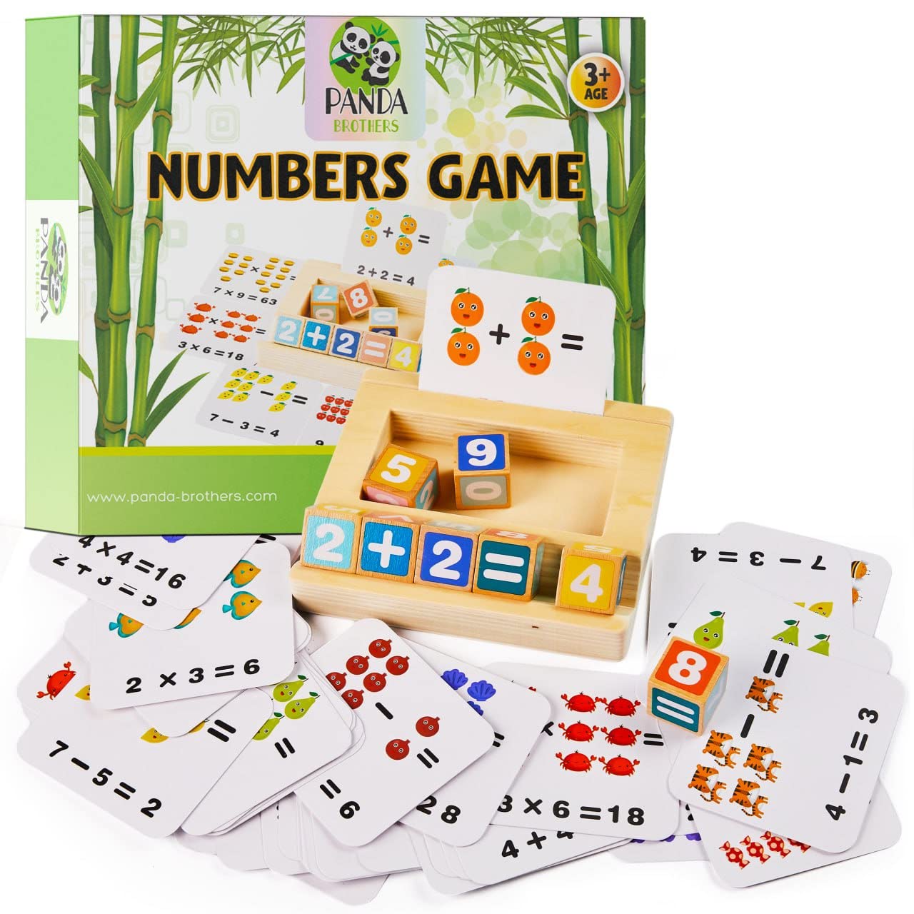 Panda Brothers Wooden Number Blocks & Math Flash Cards - Montessori Counting Toys for Kids Ages 3-5, Kindergarten Learning Activities with 54 Math Cards & 8 Number Blocks | Perfect for Homeschooling, Preschool Math Games & Early Childhood Education