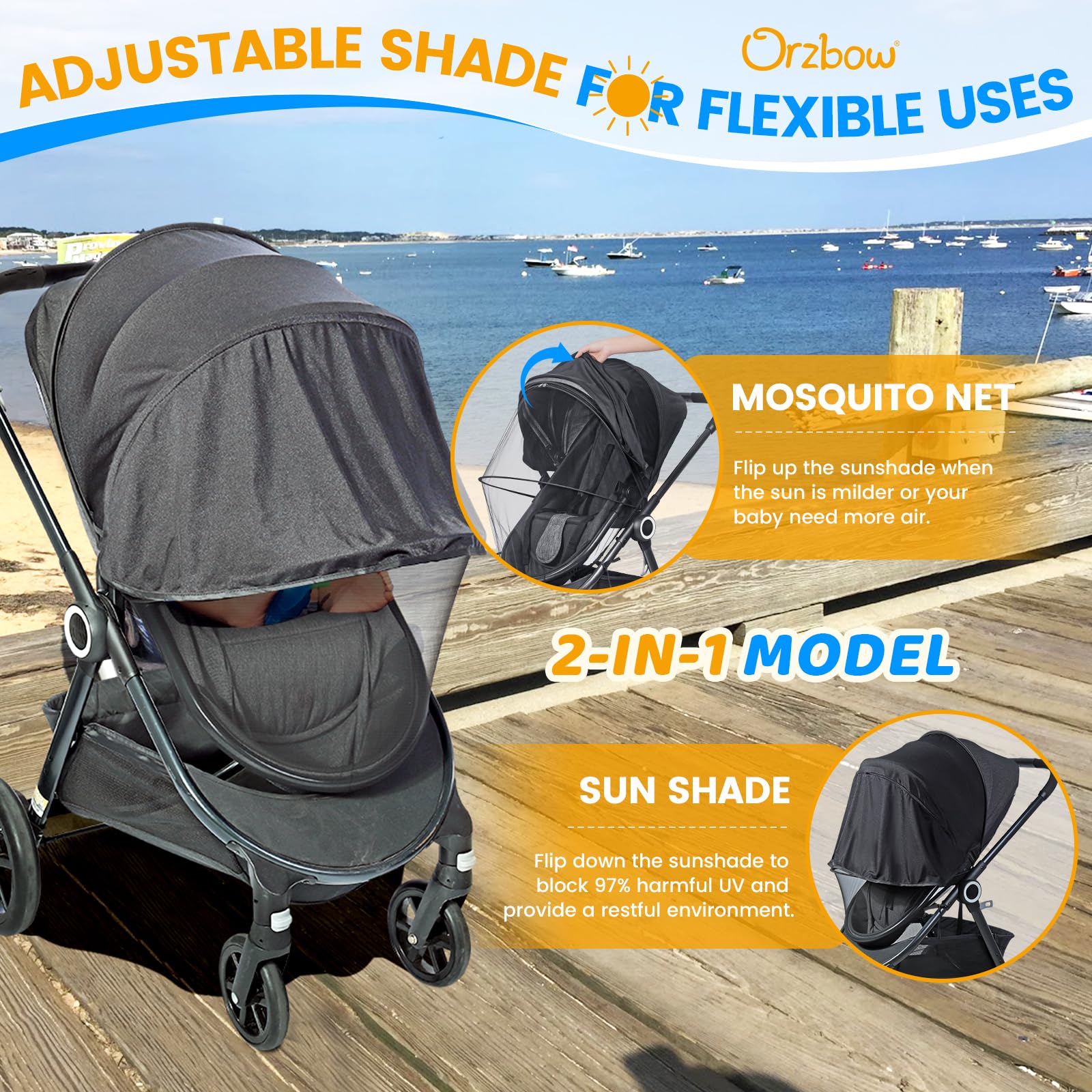 Orzbow 2-in-1 Baby Stroller Mosquito Net with UPF50+ Sun Protection - Breathable Infant Carrier Cover with Two-Way Zipper & Storage Bag - Fits Bassinet, Carrycot & Car Seat - Black - Perfect for Outdoor Walks, Park Visits & Travel