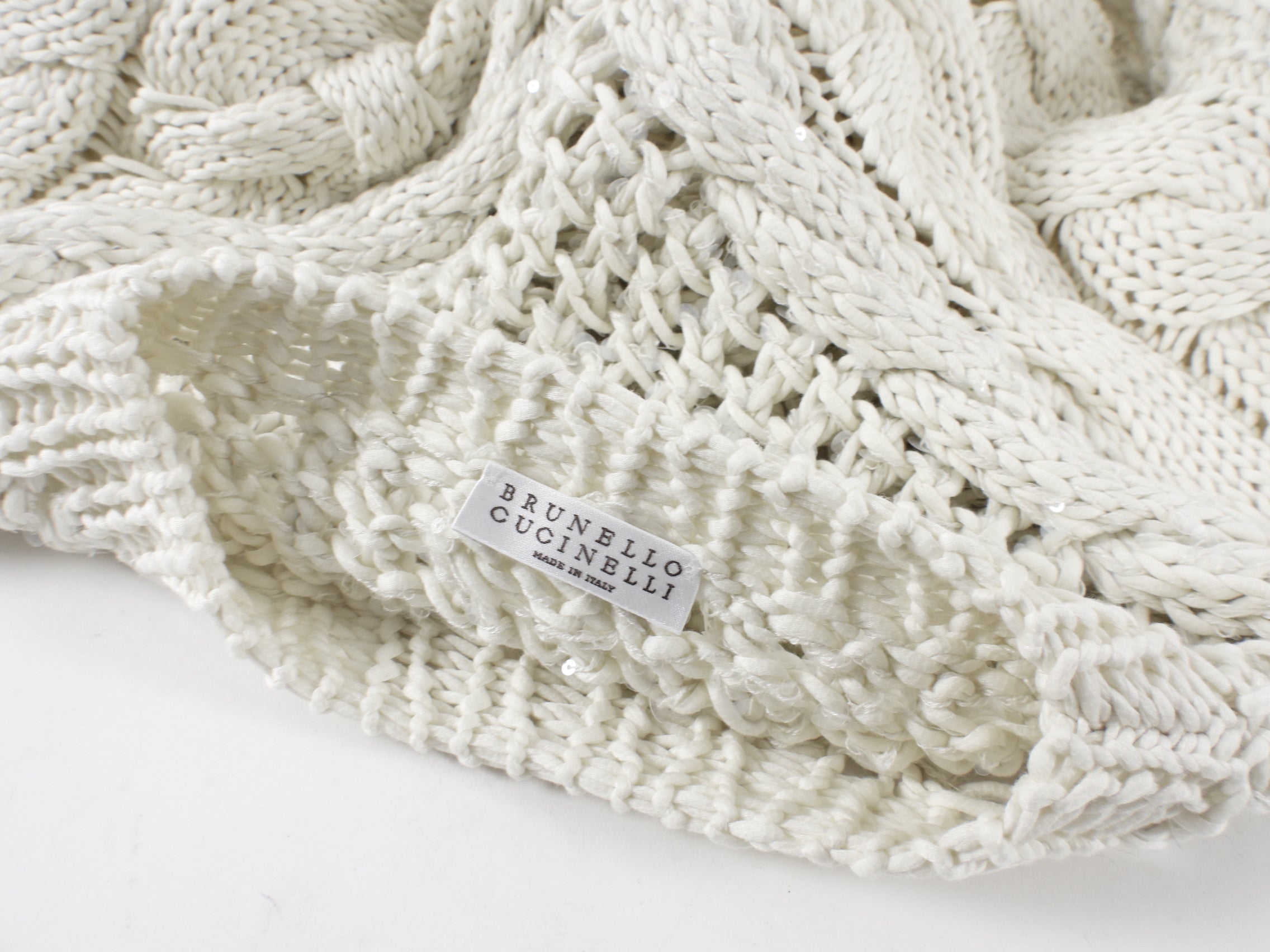 Brunello Cucinelli Ivory Cotton Cable Knit Sequin Sweater Women's Size S (US 2/4) - Elegant Winter Pullover for Holiday Parties & Office Wear