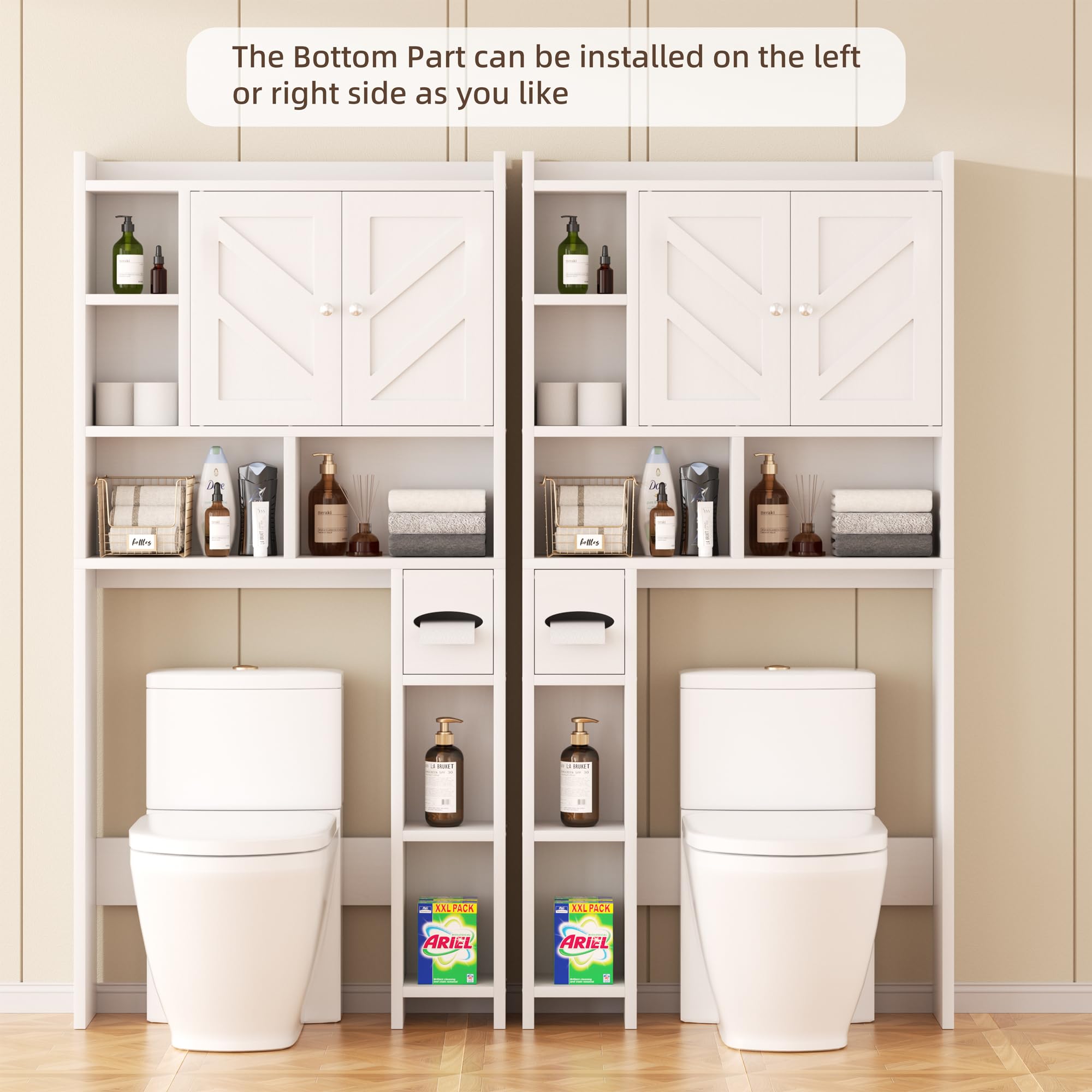 Shintenchi Over The Toilet Storage Cabinet with Barn Doors - White Bathroom Organizer with Adjustable Shelves, Toilet Paper Holder & Anti-Tip Device - Perfect for Small Bathrooms, Apartment Storage & Space Saving Solutions