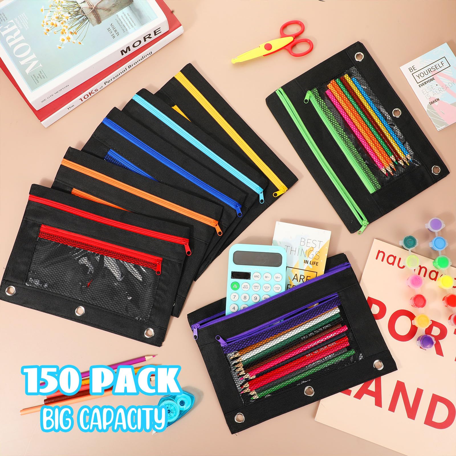 150-Piece Zipper Binder Pencil Pouch Set - 3-Ring Binder Organizer with Clear Window & Dual Zippers - School & Office Supplies for Students (Black) - Perfect for Backpack Organization, Homework Storage & Classroom Essentials