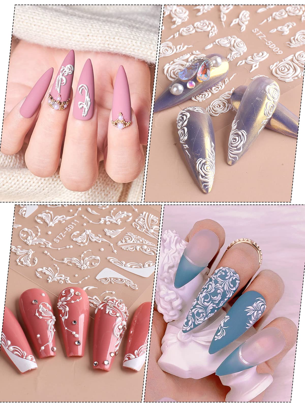 EBANKU 8 Sheets 5D White Flower Nail Stickers, Floral Nail Art Decals for Women and Girls - Perfect for DIY Nail Design, Parties, and Special Occasions