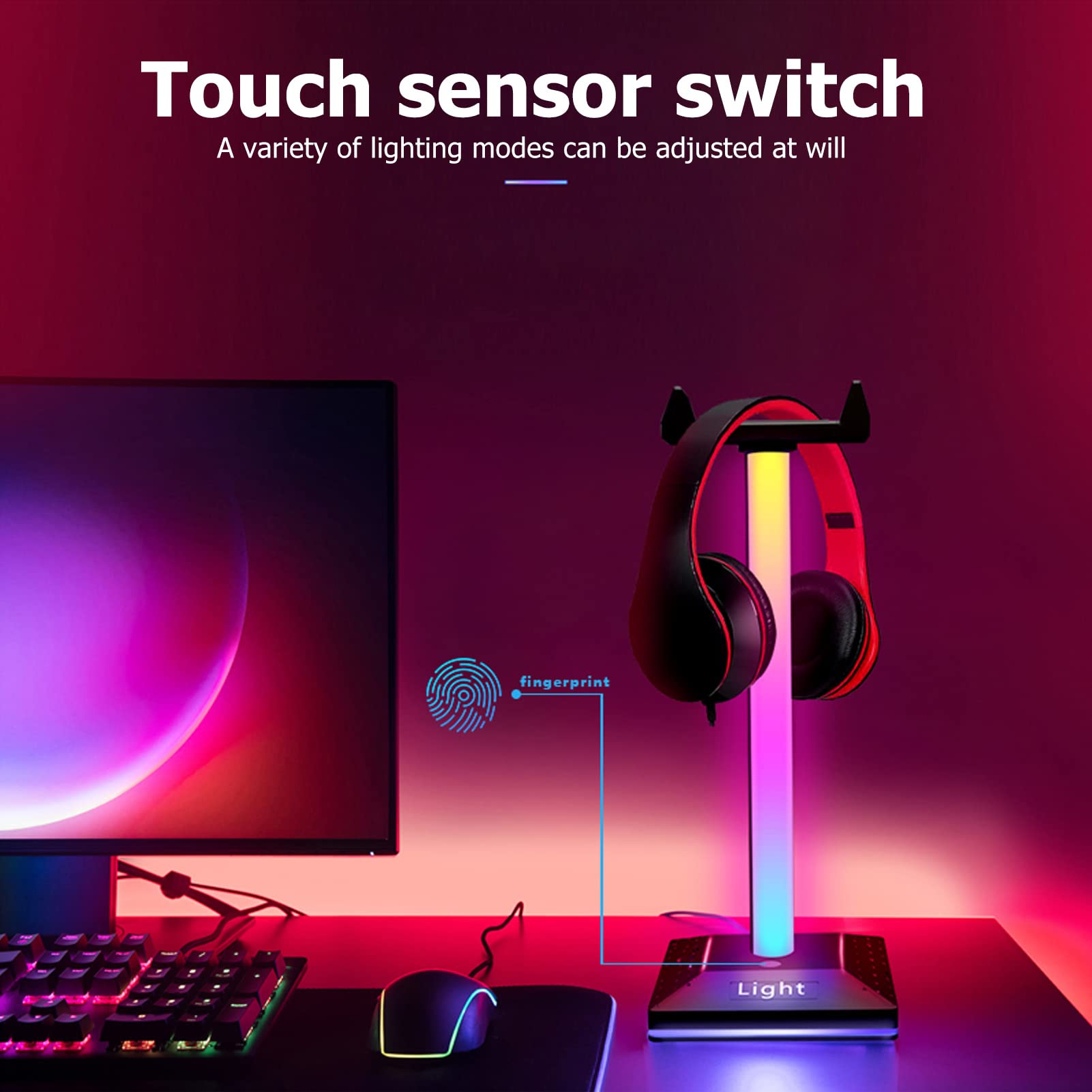 RGB Gaming Headset Stand with 11 Lighting Modes | USB Type-C LED Headphone Holder | Desk Organizer for Gamers & Streamers | Perfect for Gaming Setups & Home Office Desktops