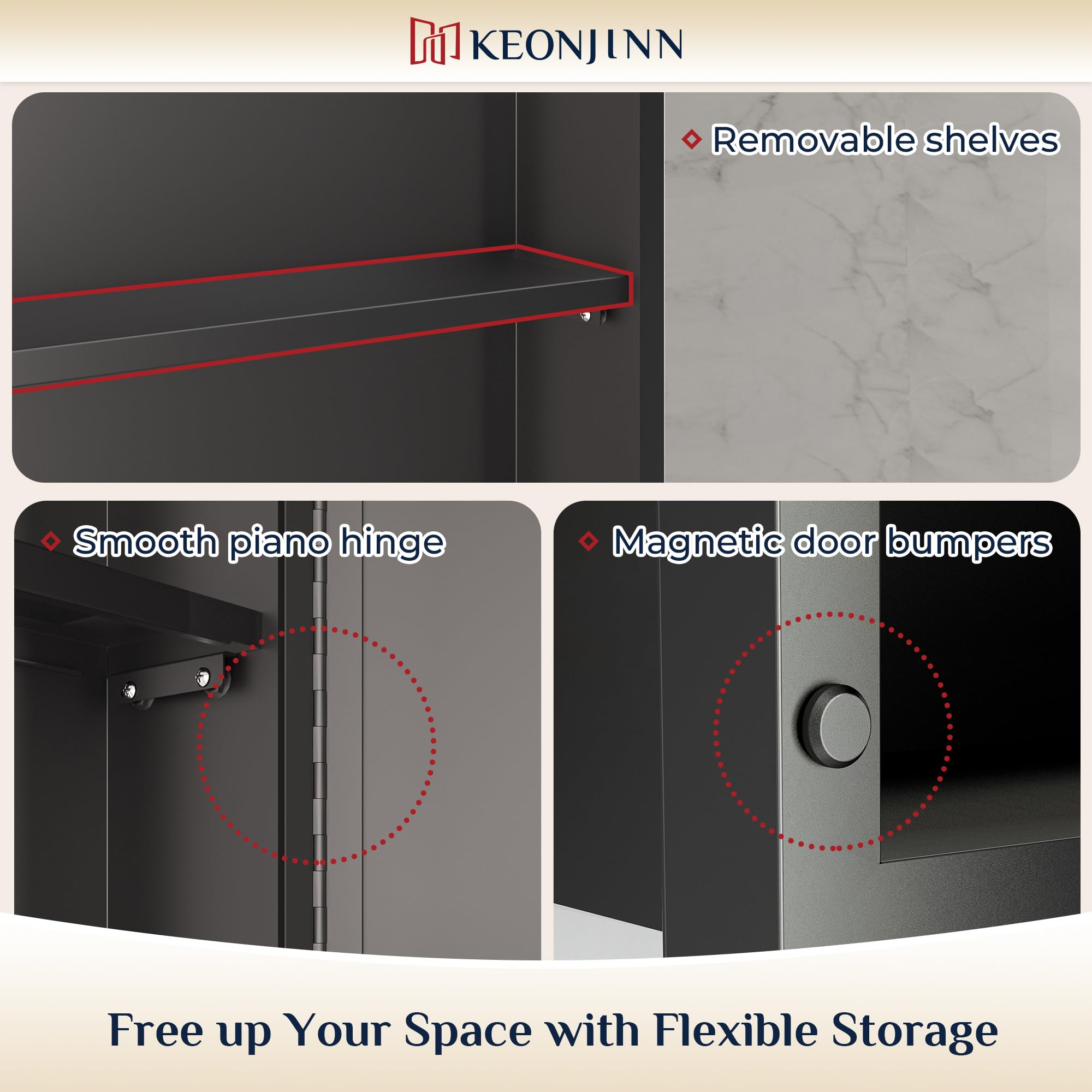 Keonjinn 17x25 Inch Black Bathroom Medicine Cabinet with Mirror - Recessed or Surface Mount Aluminum Alloy Frame, Beveled Edge Vanity Mirror & Storage - Perfect for Small Bathrooms, Powder Rooms & Modern Home Decor