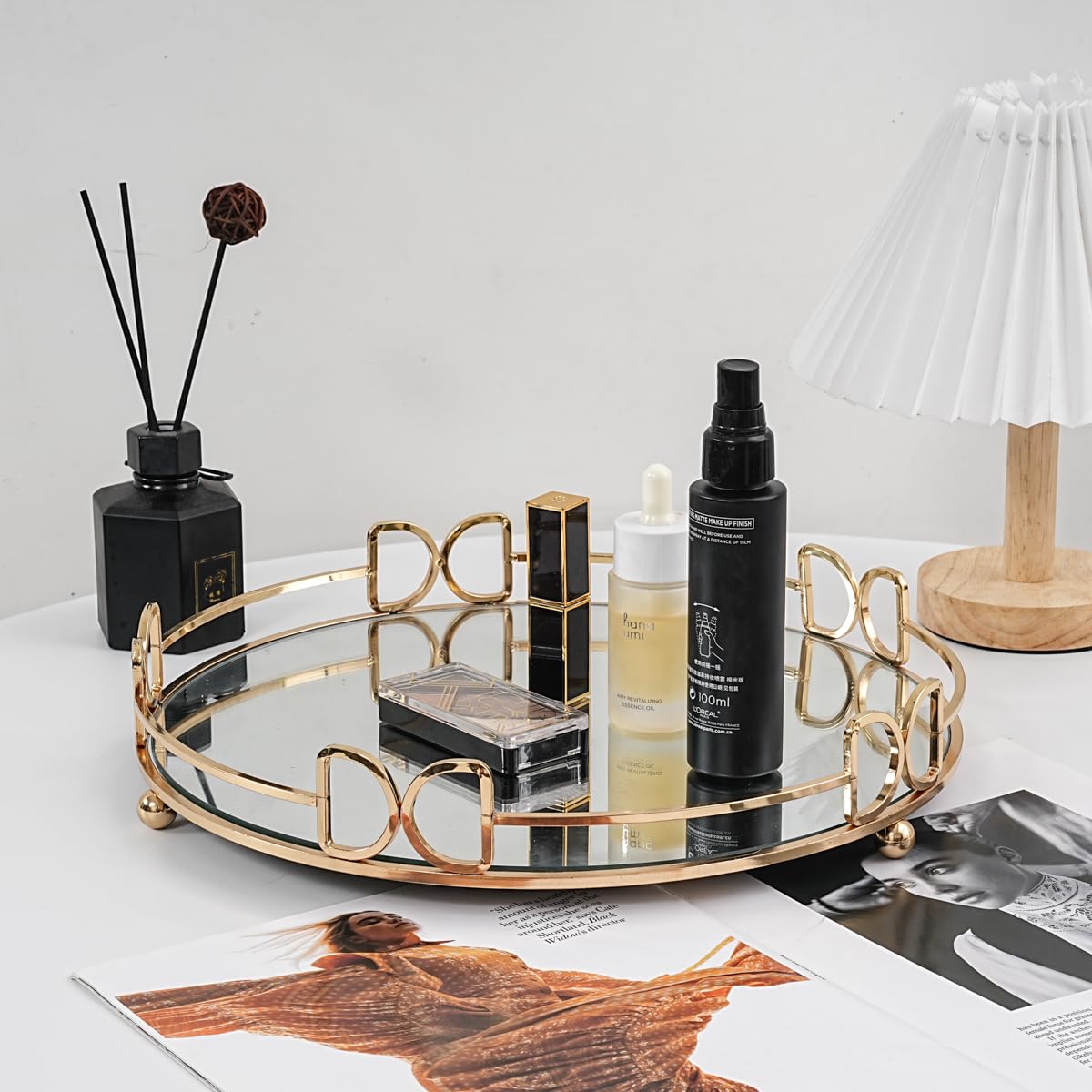 Round Metal Mirror Vanity Tray - Gold Cosmetic & Perfume Organizer for Dresser, Bathroom, Bedroom Countertop - Perfect for Makeup Storage, Jewelry Display & Bath Essentials (13×13 Inches)