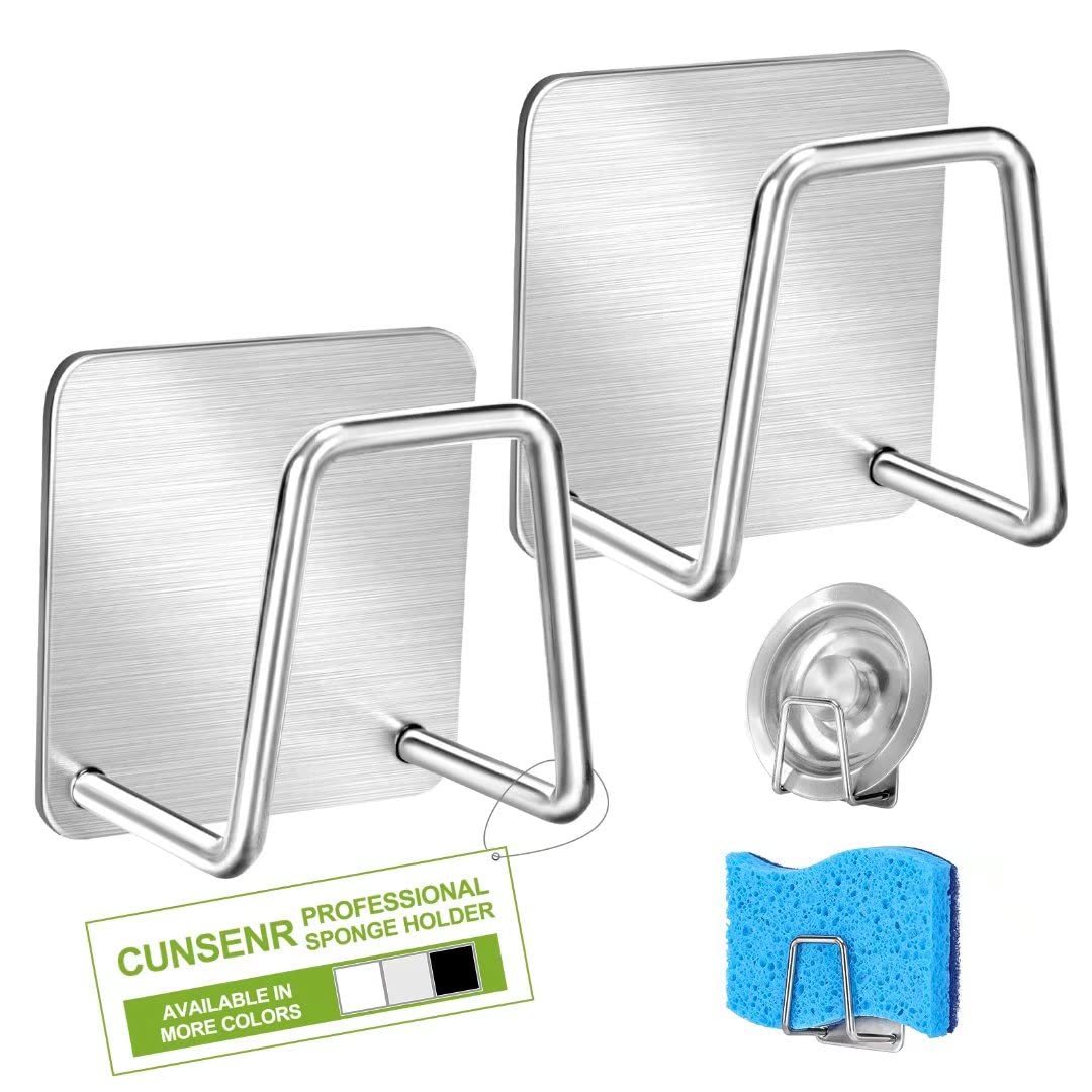 2Pcs Premium Stainless Steel Sponge Holder for Kitchen Sink - Strong Adhesive Sink Caddy Organizer - Waterproof & Rustproof Dish Brush Holder - Kitchen Accessories (Silver) | Perfect for Organizing Sponges, Soap, Brushes by Sink or Countertop