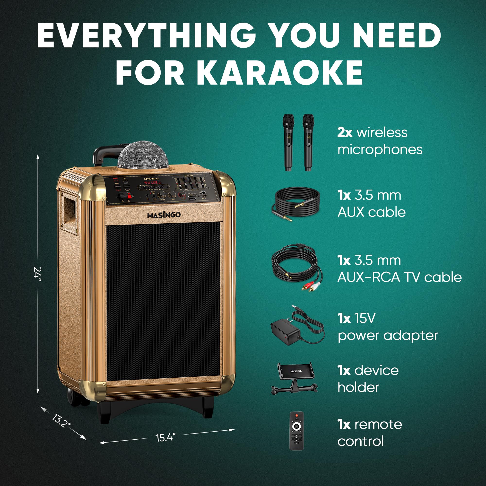 MASINGO X1 2.0 Karaoke Machine with Bluetooth Wireless Microphones - Portable PA Speaker System with Disco Lights, Lyrics Display & TV Cable for Home Parties, Kids Singing, and Outdoor Gatherings