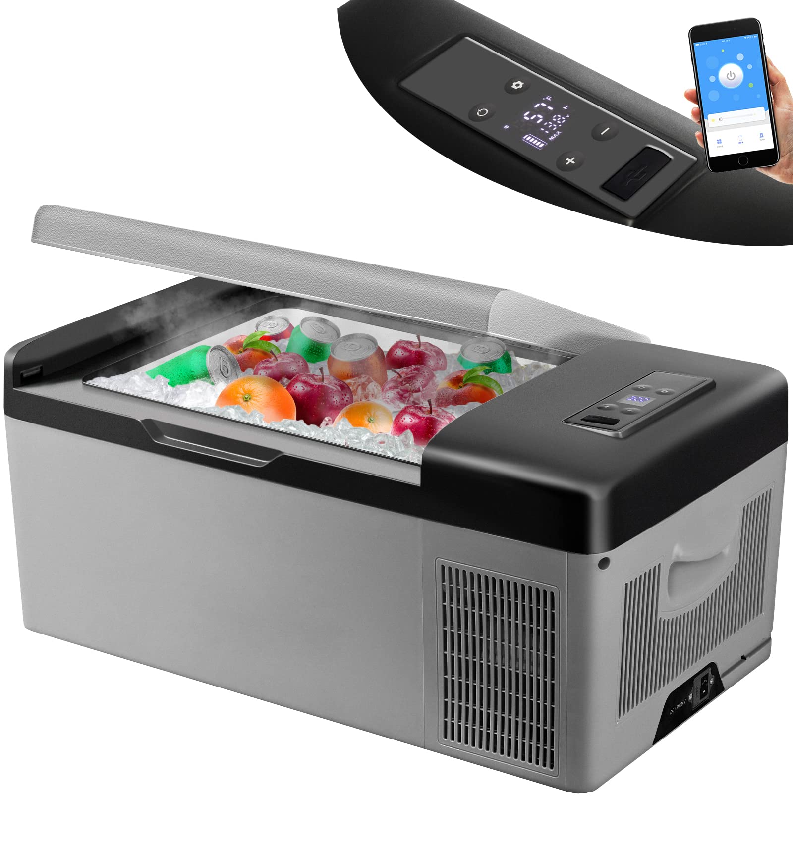 VEVOR 12V Portable Car Refrigerator 16 Quart, -4°F to 68°F Mini Fridge with App Control, 12/24V DC & 110-240V AC Compressor Cooler for Truck, RV, Boat, Camping, Road Trips & Home Use - Grey