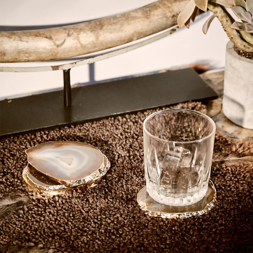 Premium Sand Agate & Gold Coasters Set of 4 - Elegant Drink Protectors for Coffee Tables, Bar Countertops & Home Decor - Natural Stone Coasters for Hot & Cold Beverages