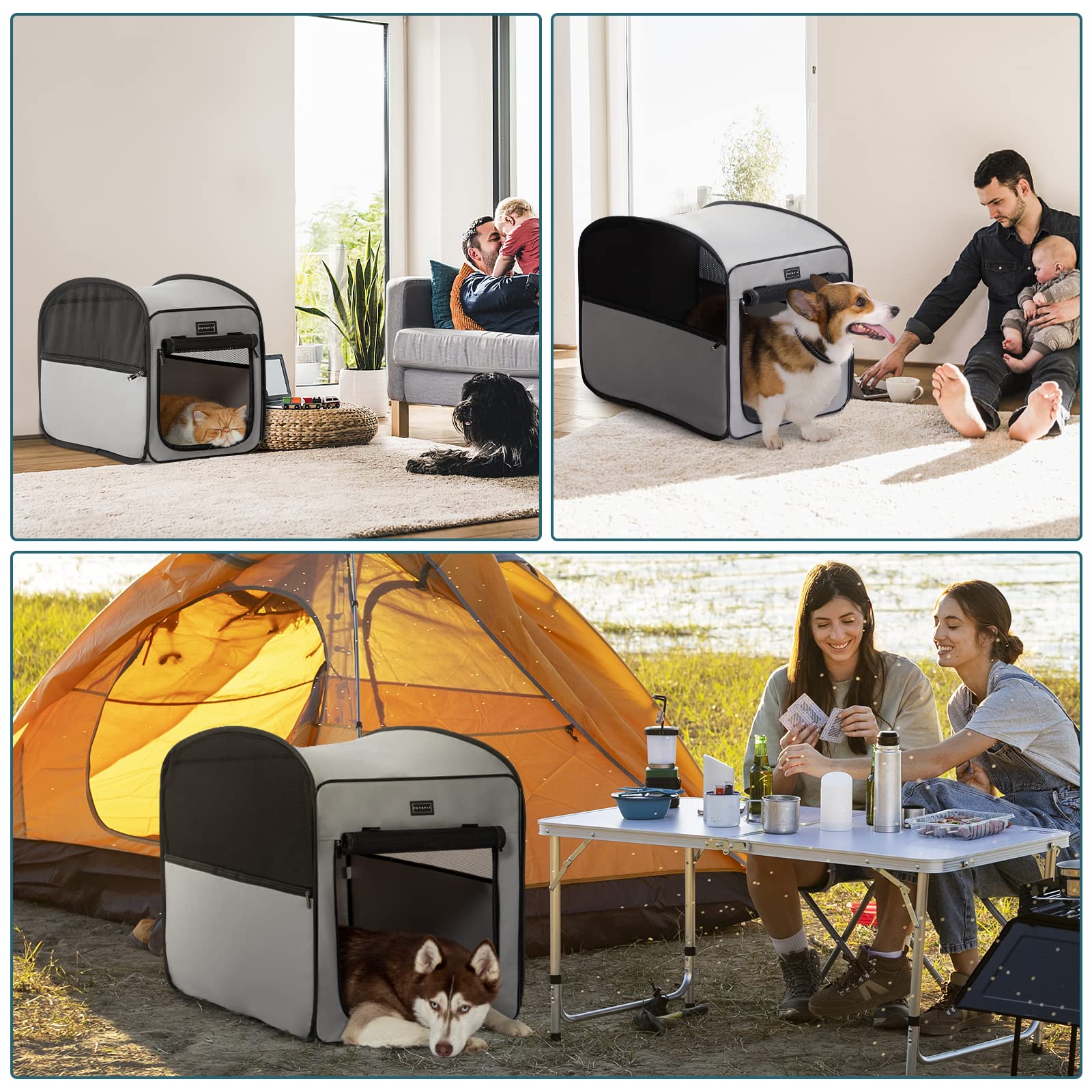 Petsfit Portable & Waterproof Dog Crate for Medium Dogs - Lightweight Pop Up Pet Cage Kennel for Indoor Outdoor Use, Travel Carrier (Grey) - Perfect for Camping, Road Trips & Home Training