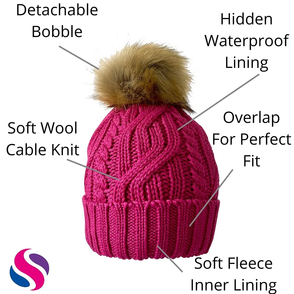 Surprizeshop Women's Waterproof Bobble Beanie Hat with Detachable Pom Pom - Soft Fleece Lined Winter Hat, Cable Knit Design for Golf, Walking & Outdoor Activities | One Size Fits Most