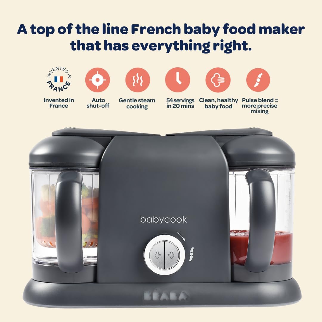 BEABA Babycook Duo 4-in-1 Baby Food Maker - Steamer, Blender & Grinder for Homemade Purees with Auto Steam Cooking, 9.1 Cup Capacity (54 Servings in 20 Mins) - Perfect for Busy Parents Making Healthy Baby Food at Home