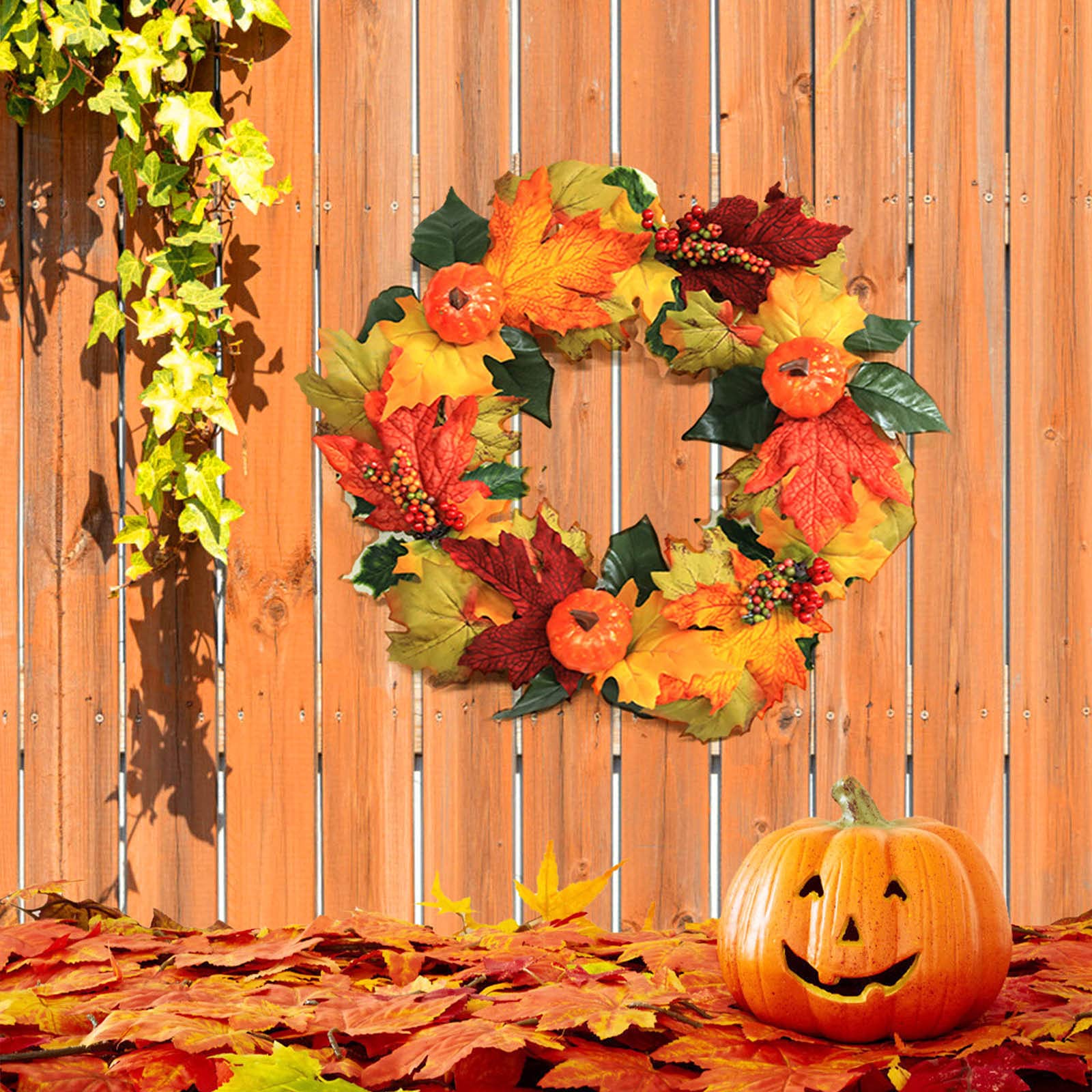 Fall Pumpkin Door Wreath for Halloween - Artificial Pumpkin Maple Leaf Hanging Decoration for Front Door, Indoor & Outdoor Decor | Perfect for Autumn Porch Decor, Thanksgiving Home Decoration, and Seasonal Front Entryway