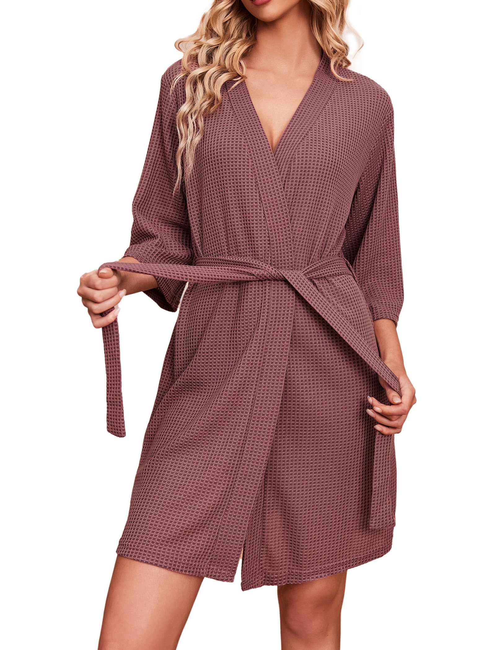 Ekouaer Women's Waffle Knit Bathrobe - Soft Lightweight Knee-Length Robe for Spa, Lounge & Home Wear (Sizes S-XXL) | Perfect for Relaxation, Bathing & Cozy Evenings