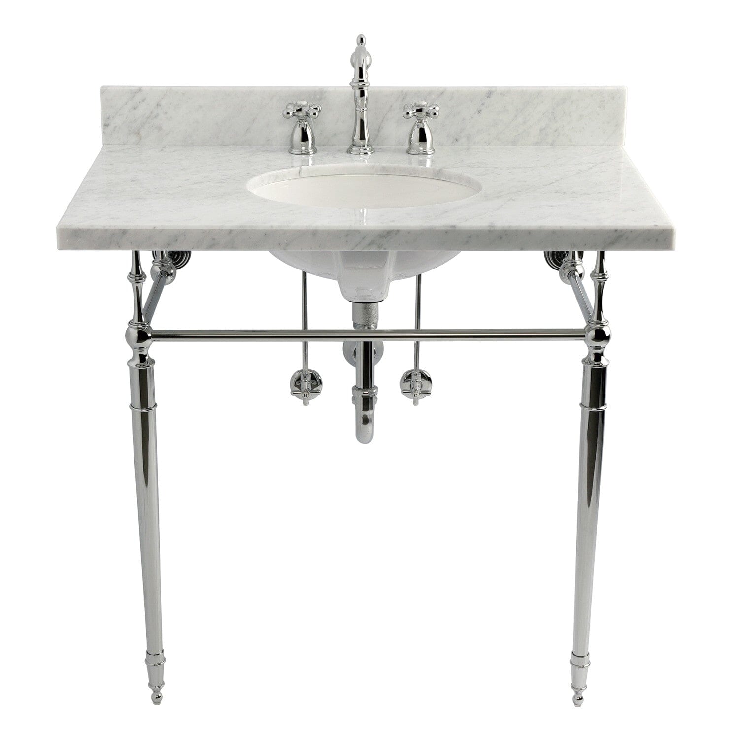 36 Inch Edwardian Carrara Marble Bathroom Console Sink Set with Widespread Faucet & Plumbing Trim Kit (8 Inch, 3 Hole) - Perfect for Powder Rooms, Guest Baths & Luxury Home Decor