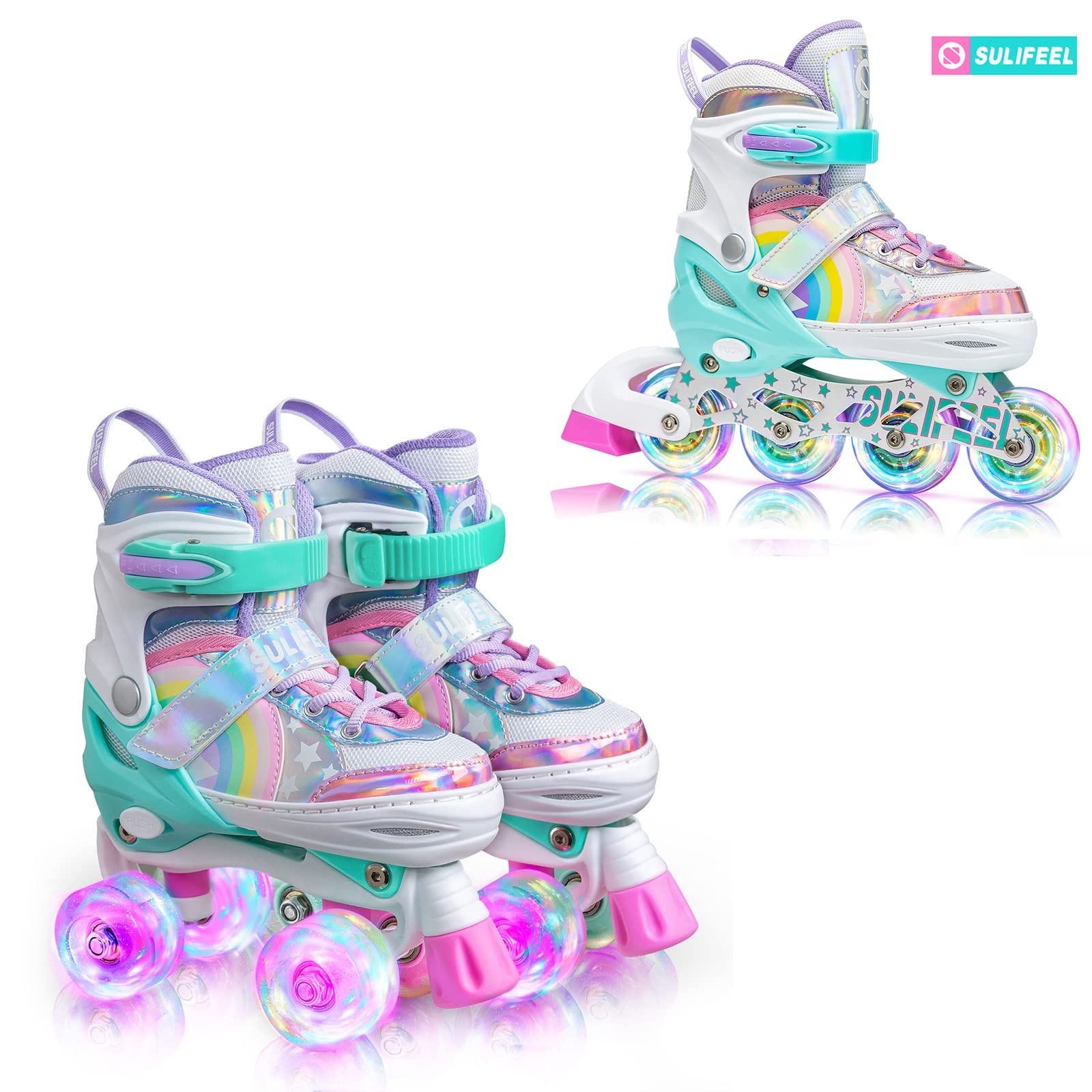 SULIFEEL Rainbow Unicorn Light Up Roller Skates for Kids - Adjustable Sizes 4-7, LED Inline Skates for Girls & Boys - Perfect for Birthday Gifts, Outdoor Play & Roller Rink Fun