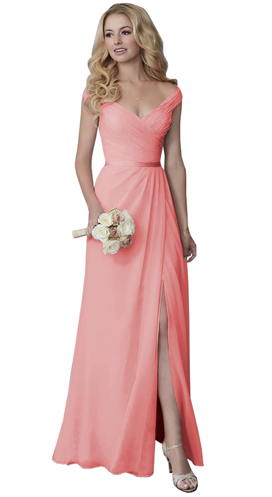 Elegant Off-the-Shoulder Chiffon Bridesmaid Dress with High Slit - Women's Formal Evening Gown for Prom, Wedding & Special Occasions