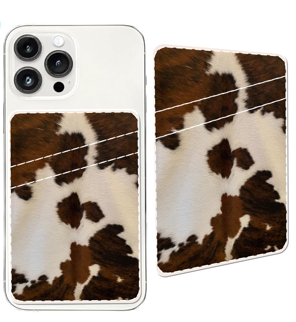 Leather Stick-On Phone Wallet - Cute Dual Pocket Credit Card Holder for Back of Phone Case | Compatible with Most Smartphones | Retro Brown Cow Print Design | Perfect for Hands-Free Shopping, Travel & Daily Use