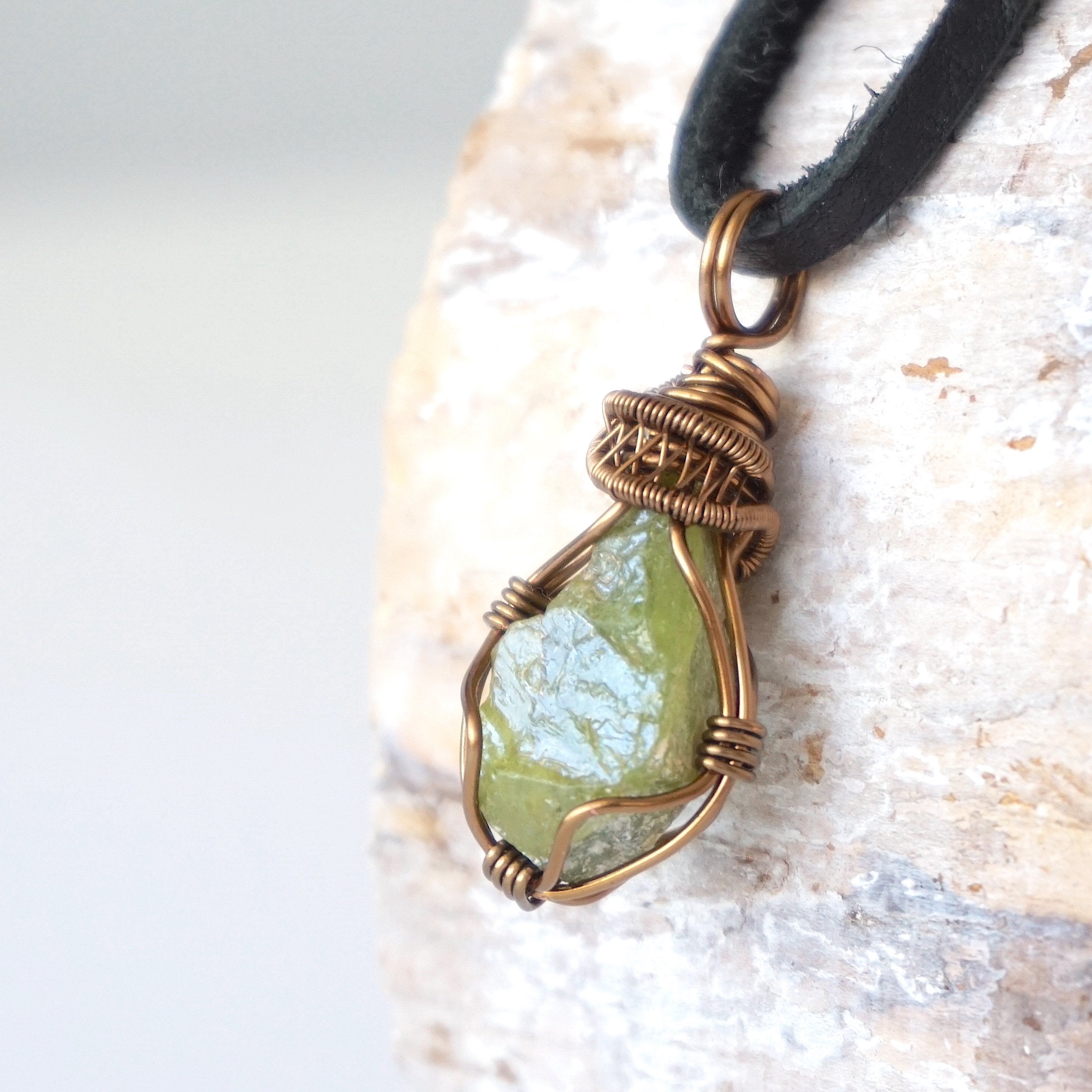 Antique Bronze Raw Peridot Necklace for Men - Genuine Leather Cord Jewelry Gift for Birthday, Anniversary & Special Occasions