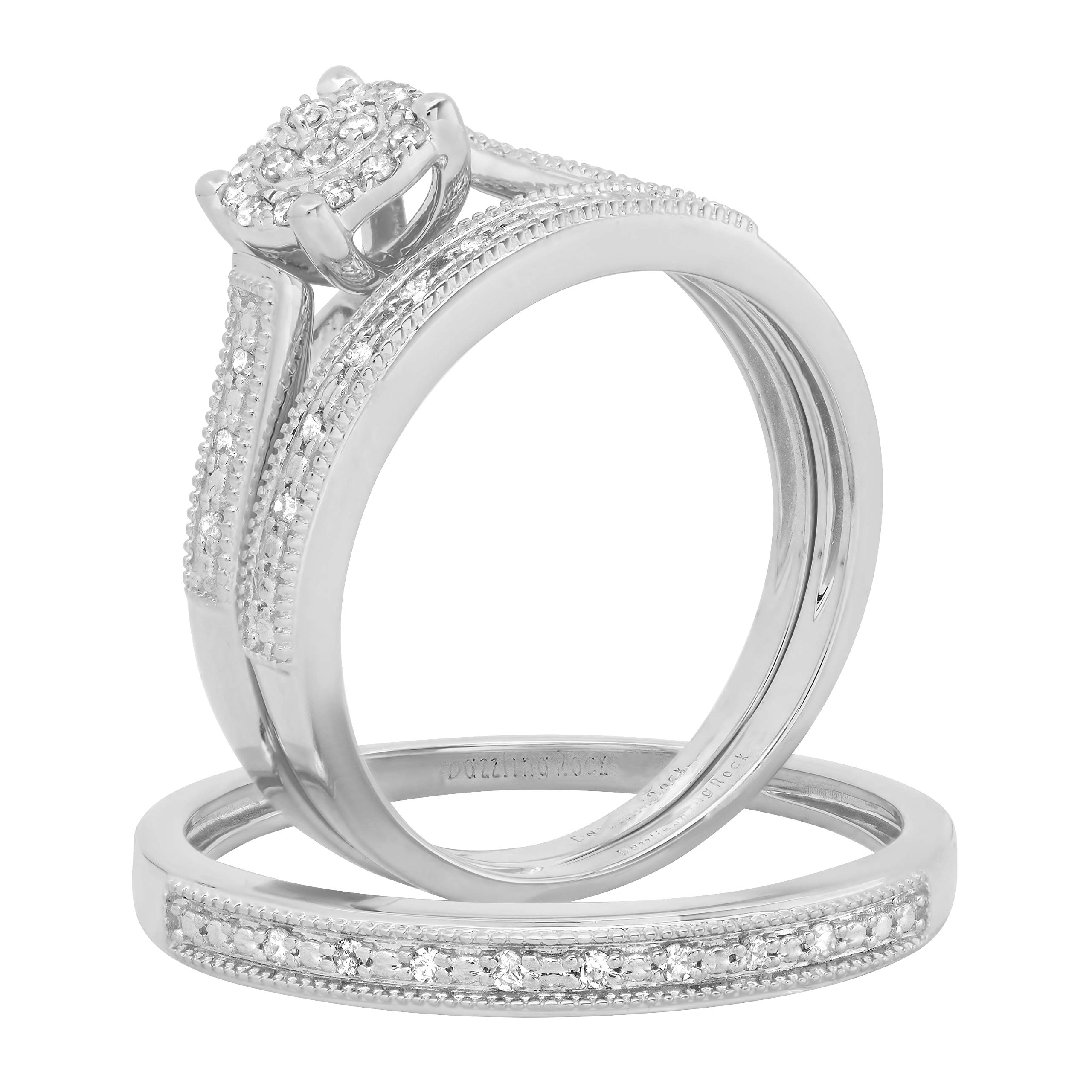 0.25 Carat Round White Diamond Cluster Ring Set for Men & Women - 14K Solid White Gold Wedding, Engagement & Anniversary Jewelry Gift