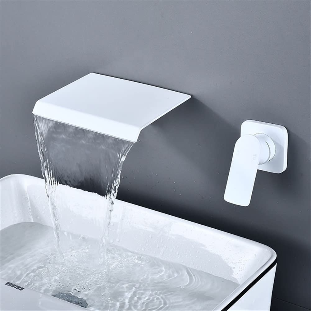 Waterfall Bathroom Sink Faucet - White Wall Mount Single Handle Mixer Tap with Hot & Cold Water - Brass Chrome Basin Faucet for Modern Bathroom Vanity (Perfect for Home, Hotel, and Spa Decor)