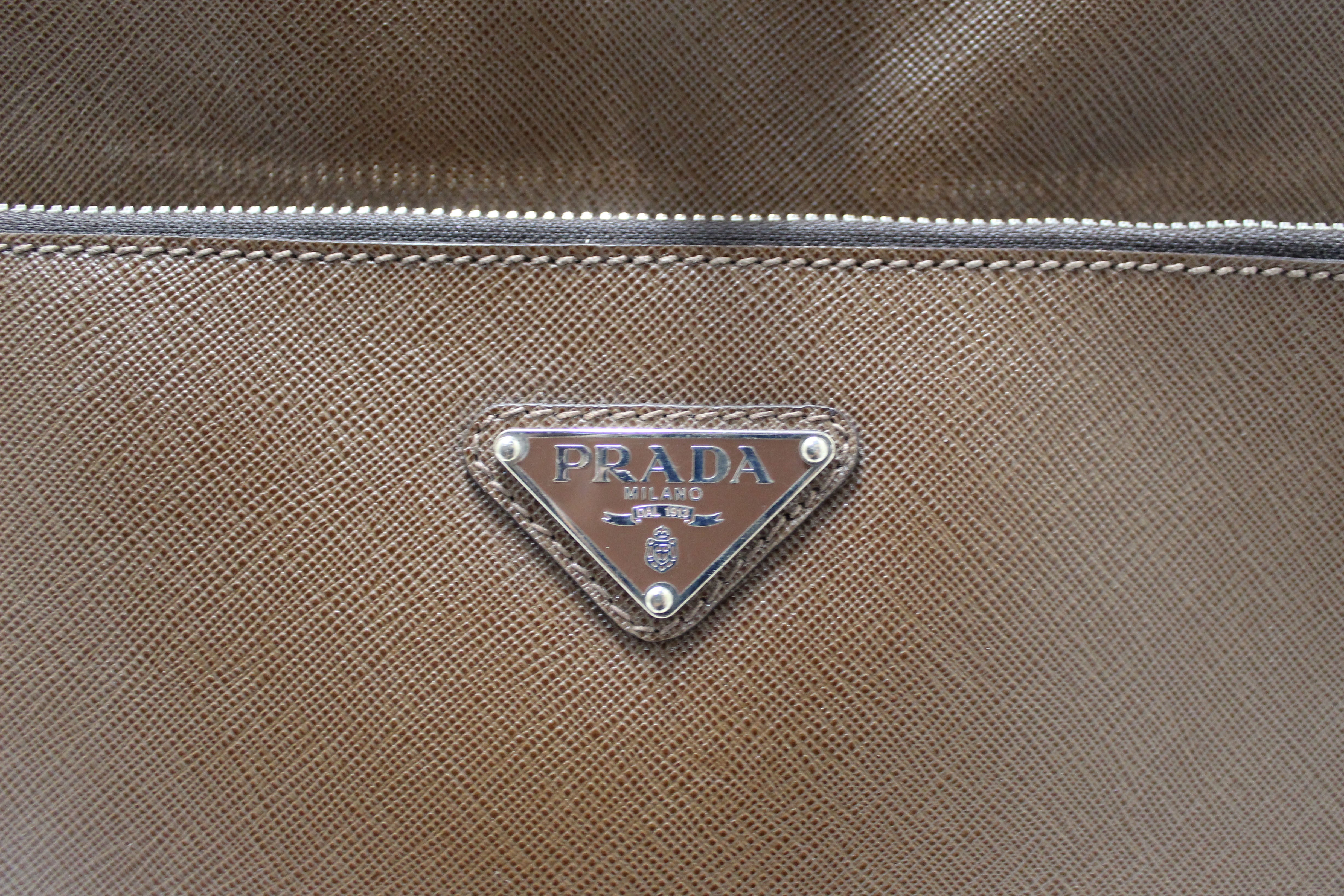 Authentic Prada Brown Saffiano Leather Carry-On Luggage with Wheels - Premium Rolling Suitcase for Business Travel & Vacation