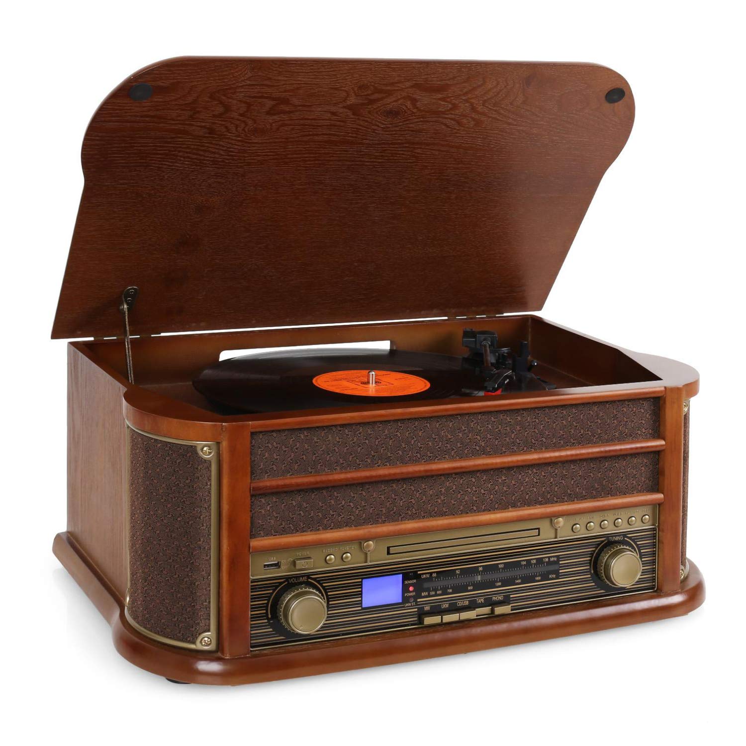 Auna Vintage Wooden 3-Speed Turntable with Built-in Speakers, CD Player & USB Port - Retro Vinyl Record Player for Home, Office & Party Music Entertainment