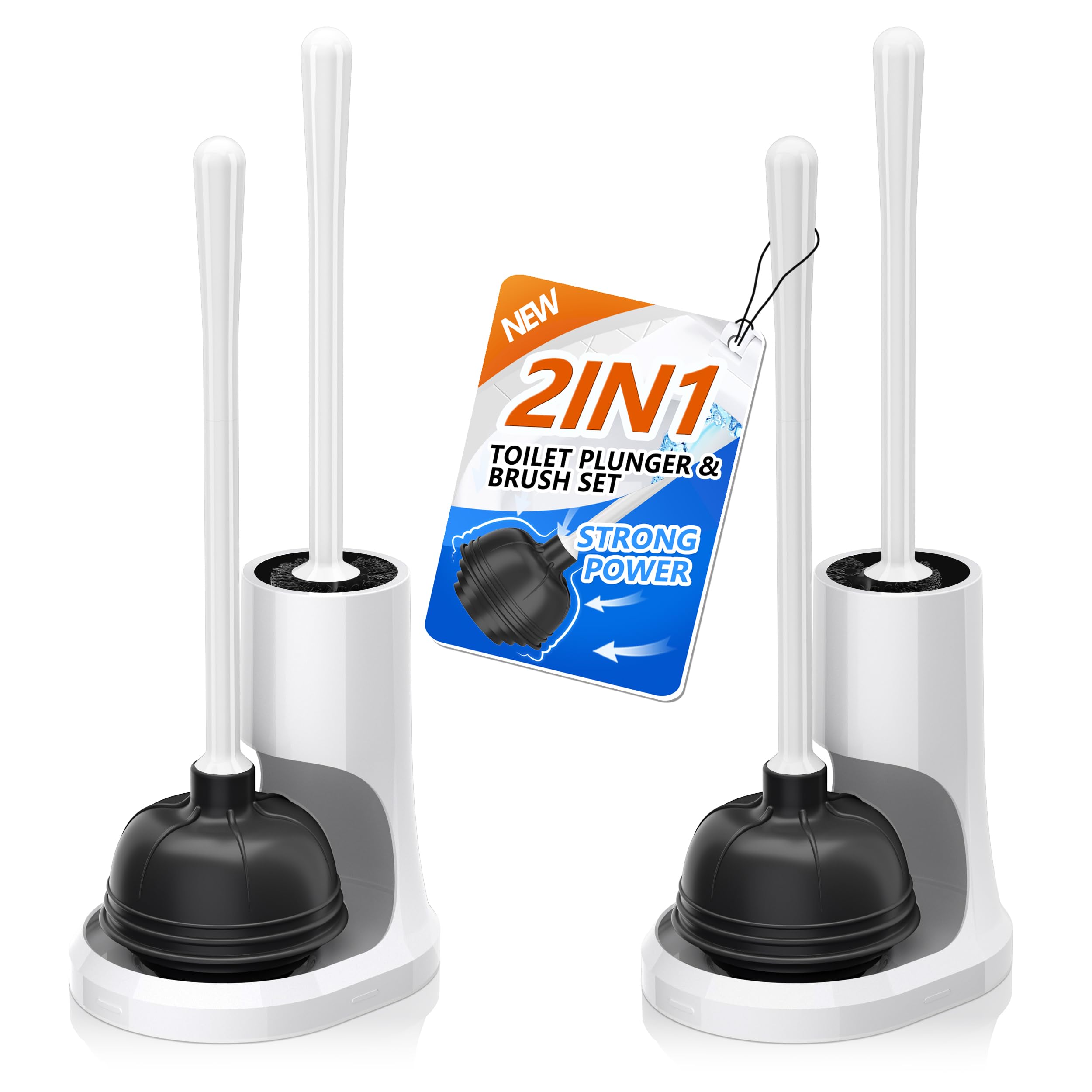 Uptronic 2-in-1 Toilet Plunger and Brush Set with Holder - Heavy Duty Bathroom Cleaning Combo with Modern Caddy Stand (White, 2 Pack) - Perfect for Toilet Cleaning, Bathroom Maintenance & Home Hygiene