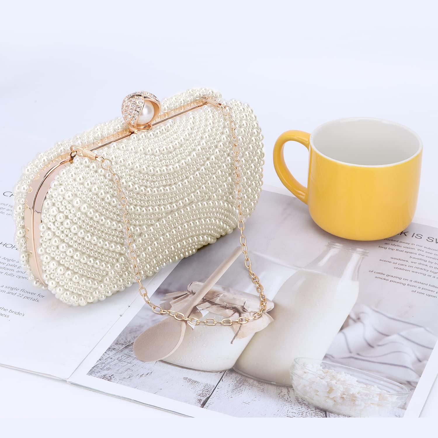 Elegant White Pearl Clutch Purse for Women - Wedding & Evening Party Handbag - Bride Pearl Clutch Wallet with Shiny Rhinestones | Perfect for Prom, Bridal Shower, Cocktail Parties & Formal Events