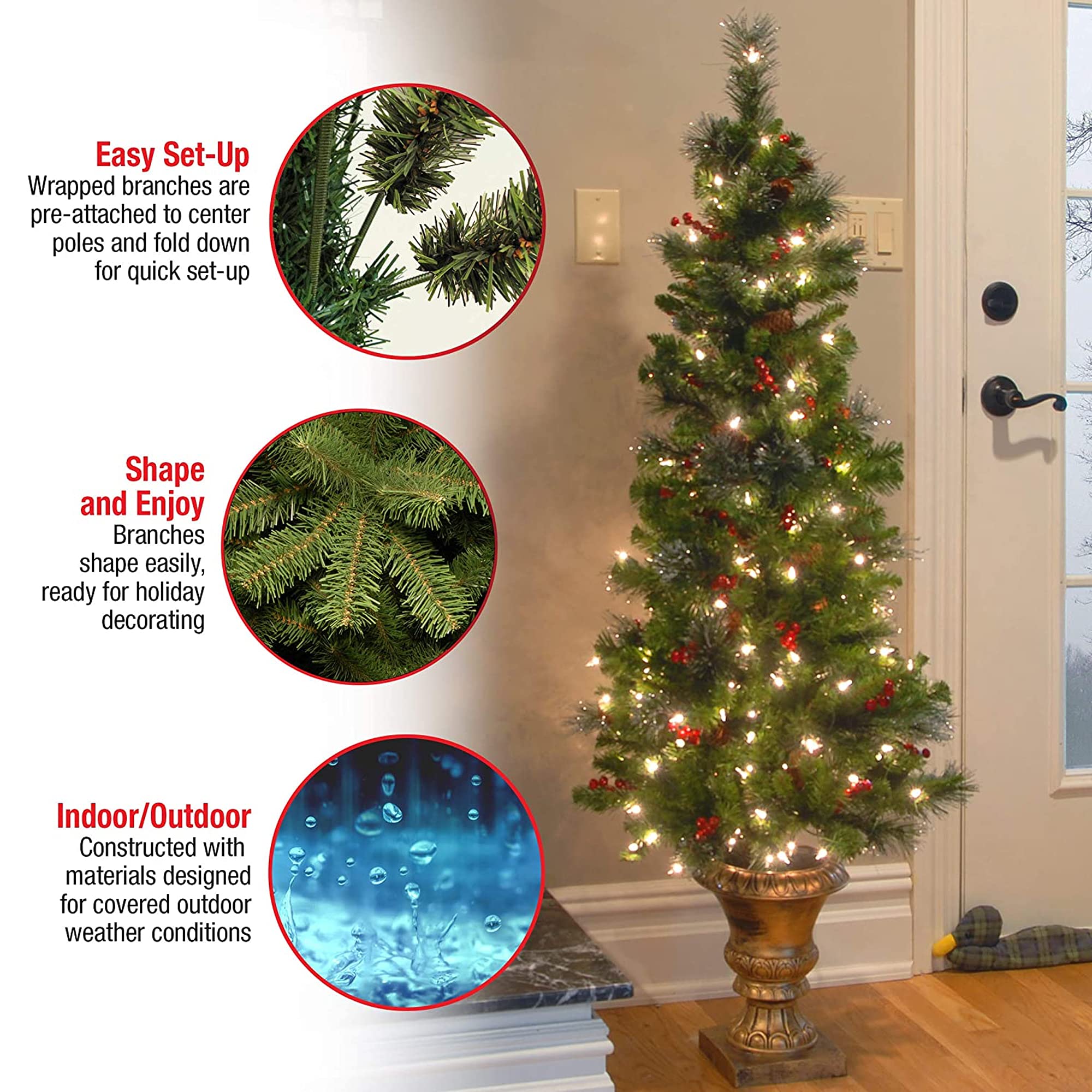 National Tree Company 5ft Pre-Lit Artificial Christmas Tree - Green Crestwood Spruce with White Lights, Pine Cones & Berry Clusters | Frosted Branches & Included Pot Base | Perfect for Home Entrance, Living Room & Holiday Decor