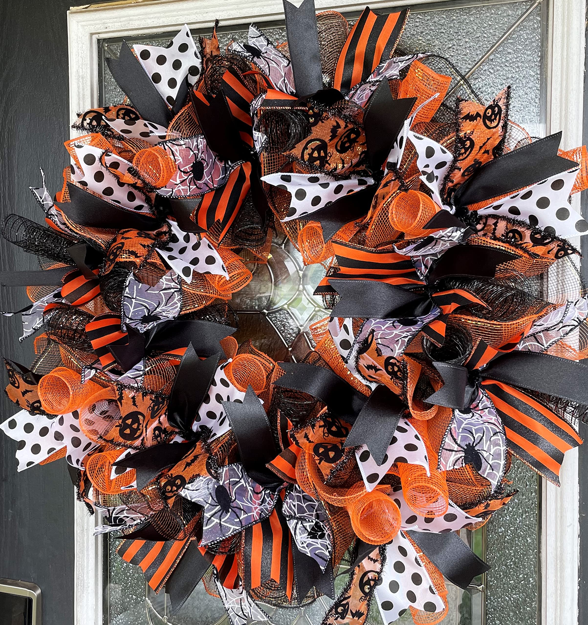 Adorable Orange Black White Halloween Fall Wreath - Front Door Decor, Porch & Patio Wall Hanging - Unique Housewarming & Birthday Gift Idea for Outdoor Seasonal Decoration