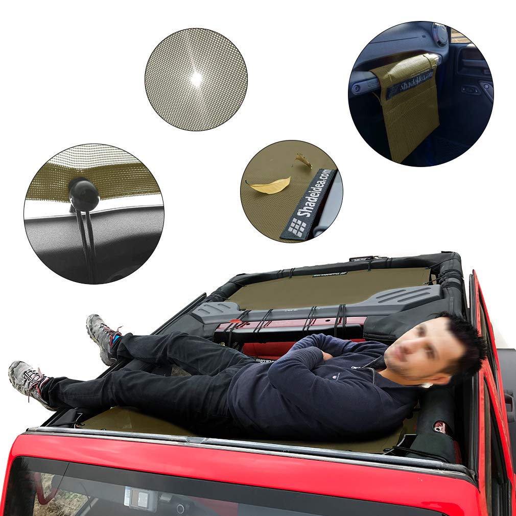 Shadeidea JK Sun Shade Top for Jeep Wrangler JKU (2007-2018) - Soft Mesh Roof Cover with UV Protection & Wind Noise Reduction - 4-Door 2-Piece Set in Tank Green - 10 Year Warranty - Perfect for Off-Roading, Beach Trips & Summer Adventures