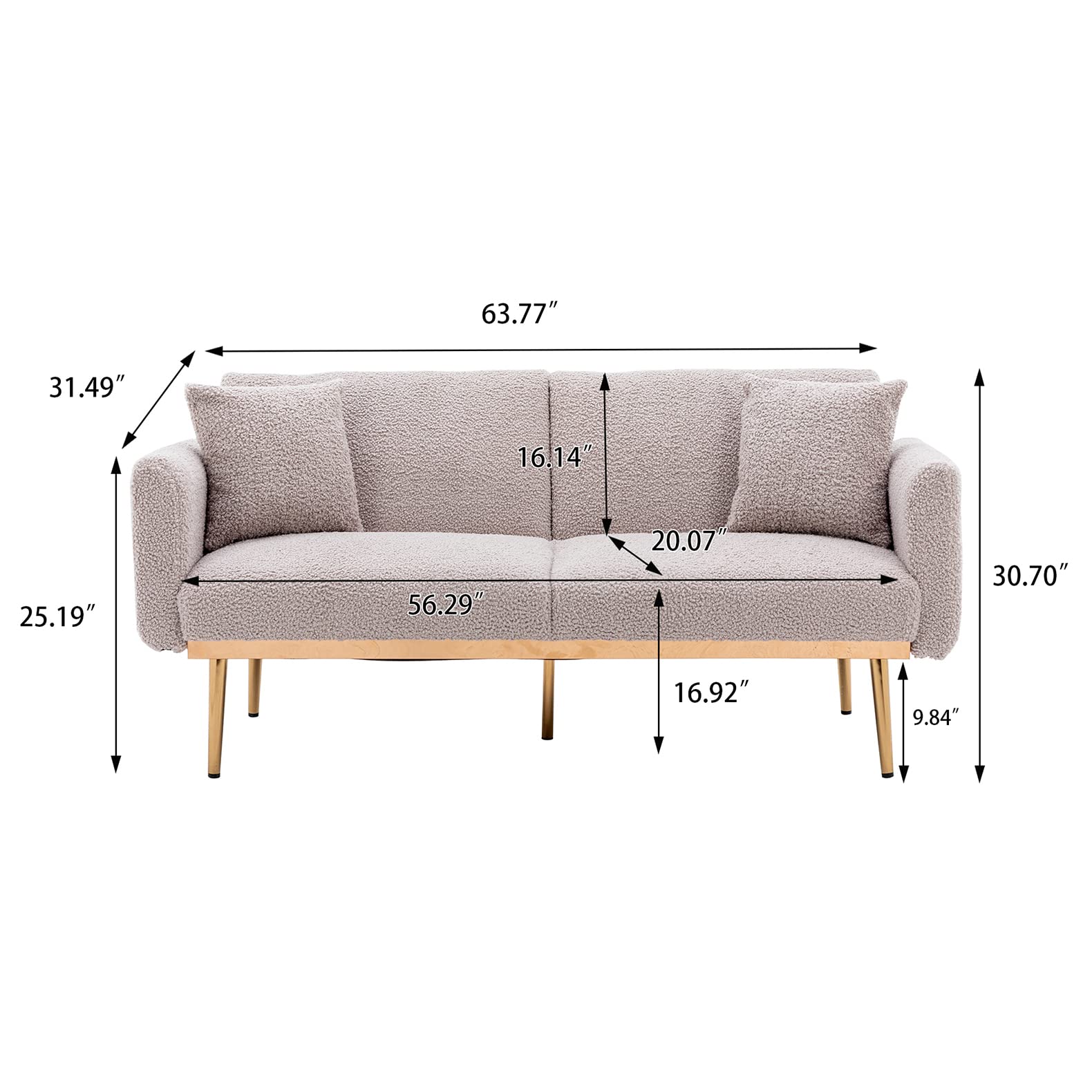 Antetek 3-Position Adjustable Futon Sofa Bed - Modern Upholstered Convertible Loveseat with 5 Metal Tapered Legs & 2 Decorative Pillows, Grey Teddy Fabric - Perfect for Small Spaces, Guest Rooms & Studio Apartments