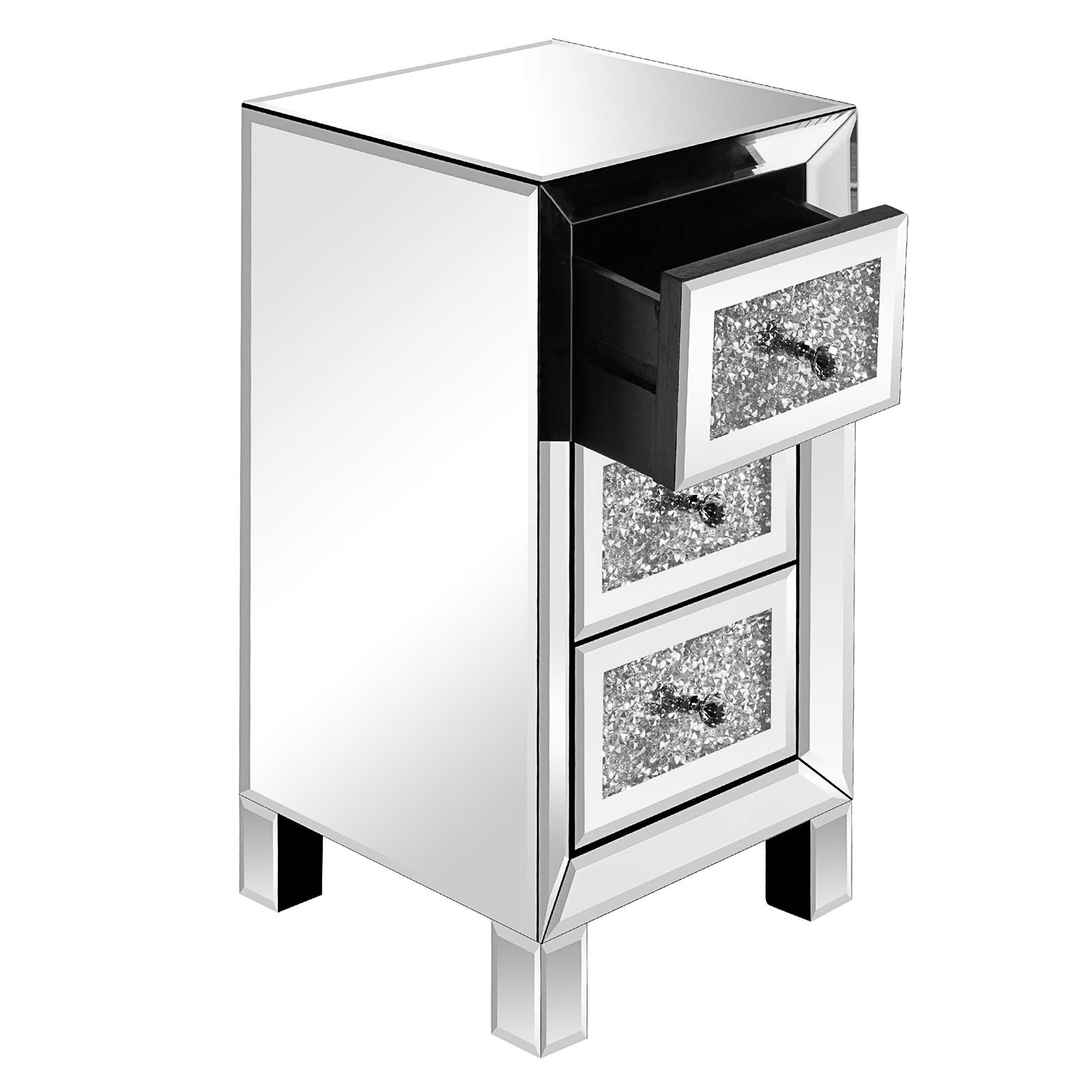 VINGLI 3-Drawer Mirrored Nightstand - Silver Glass Accent Bedside Table with Storage, Fully Assembled for Bedroom, Living Room & Guest Room Decor