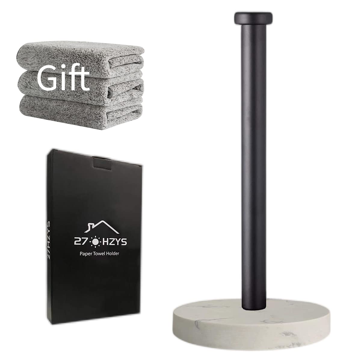 Sturdy Marble Paper Towel Holder for Kitchen & Bathroom - One-Handed Operation with Weighted Base - Countertop & Standing Design (Black) - Perfect for Easy Cleaning, Cooking, and Home Organization