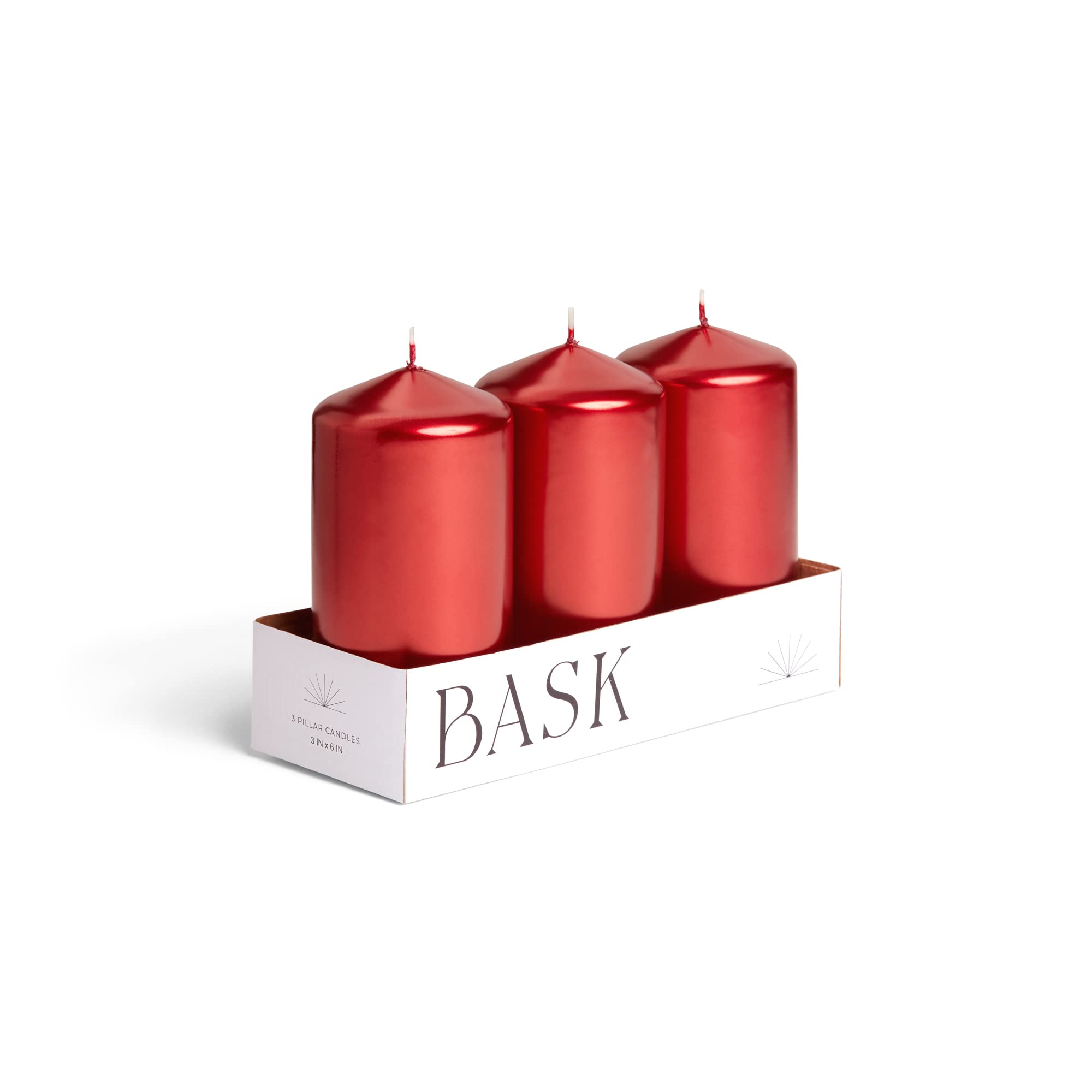 Bask Metallic Red Cone Top Pillar Candles - Set of 3 Dripless Unscented 3x6 Inch Holiday Candles for Home Decor, Wedding Centerpieces, Christmas Table Settings & Relaxation