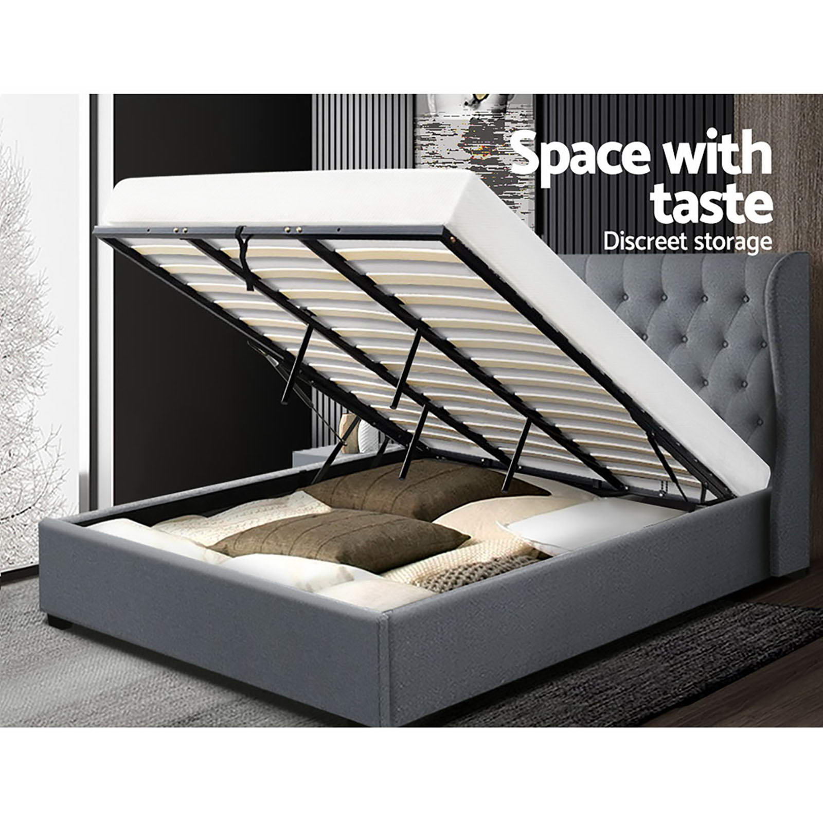 Elouera King Size Bed Frame with Gas Lift Storage - Grey | Modern Platform Bed with Underbed Storage for Small Spaces | Perfect for Bedroom, Guest Room, Apartment
